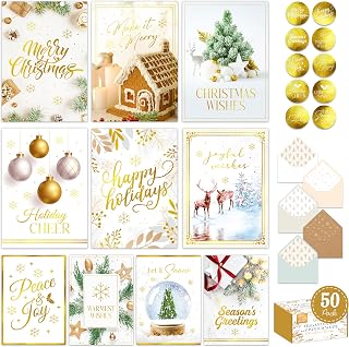 Decorably 50 Pack Gold Foiled 5x7in Winter White Christmas Cards Boxed