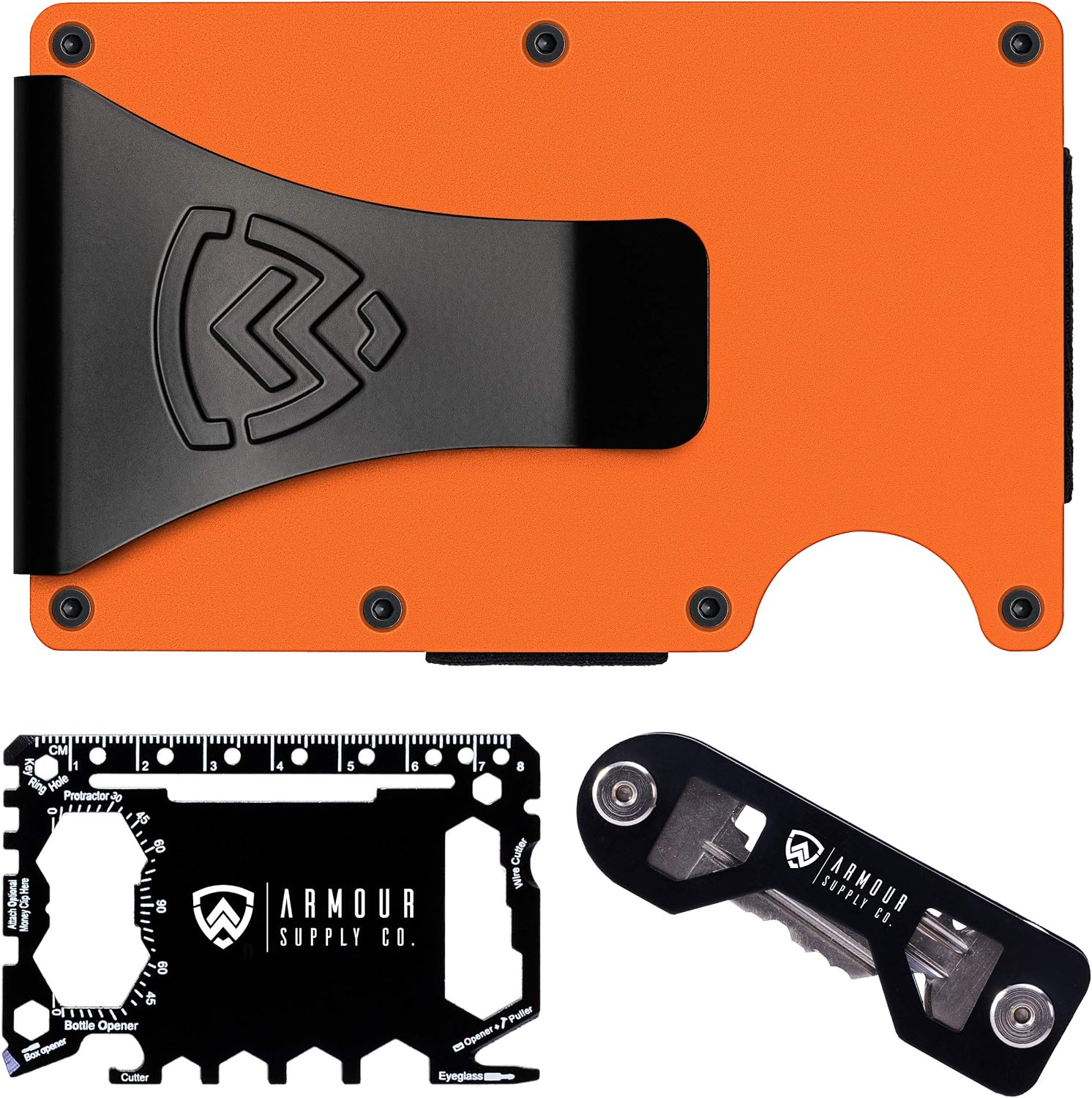 Armour Supply Co. RFID Blocking Wallet For Men With Money Clip, Multitool & Key Holder (Orange)