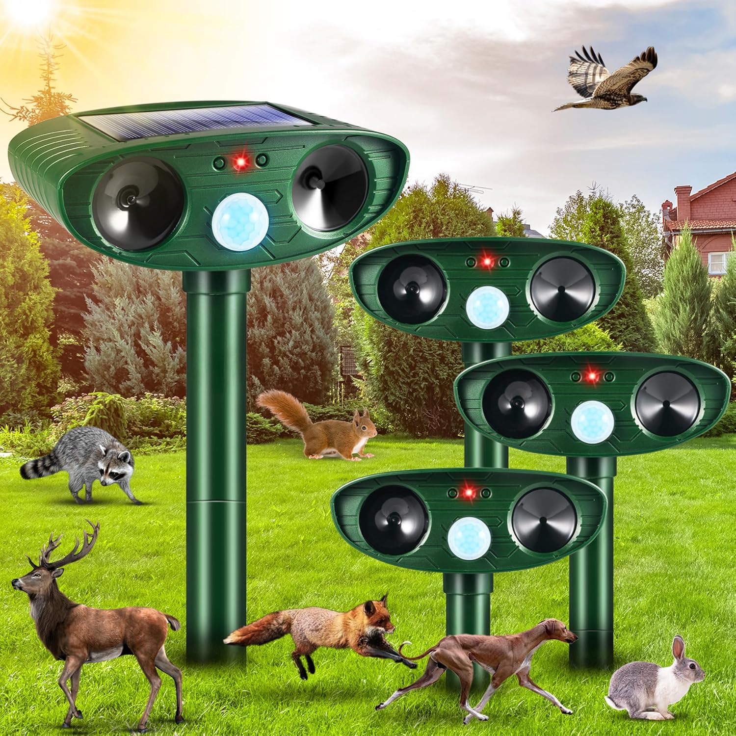 2026 Upgraded Solar Ultrasonic Animal Repellent Outdoor Deer Repellent Devices Motion Detection for Squirrel Raccoon Rabbit Dog Cat Deterrent Keep Rodent Chipmunk Away from Yard Lawn,4Pack