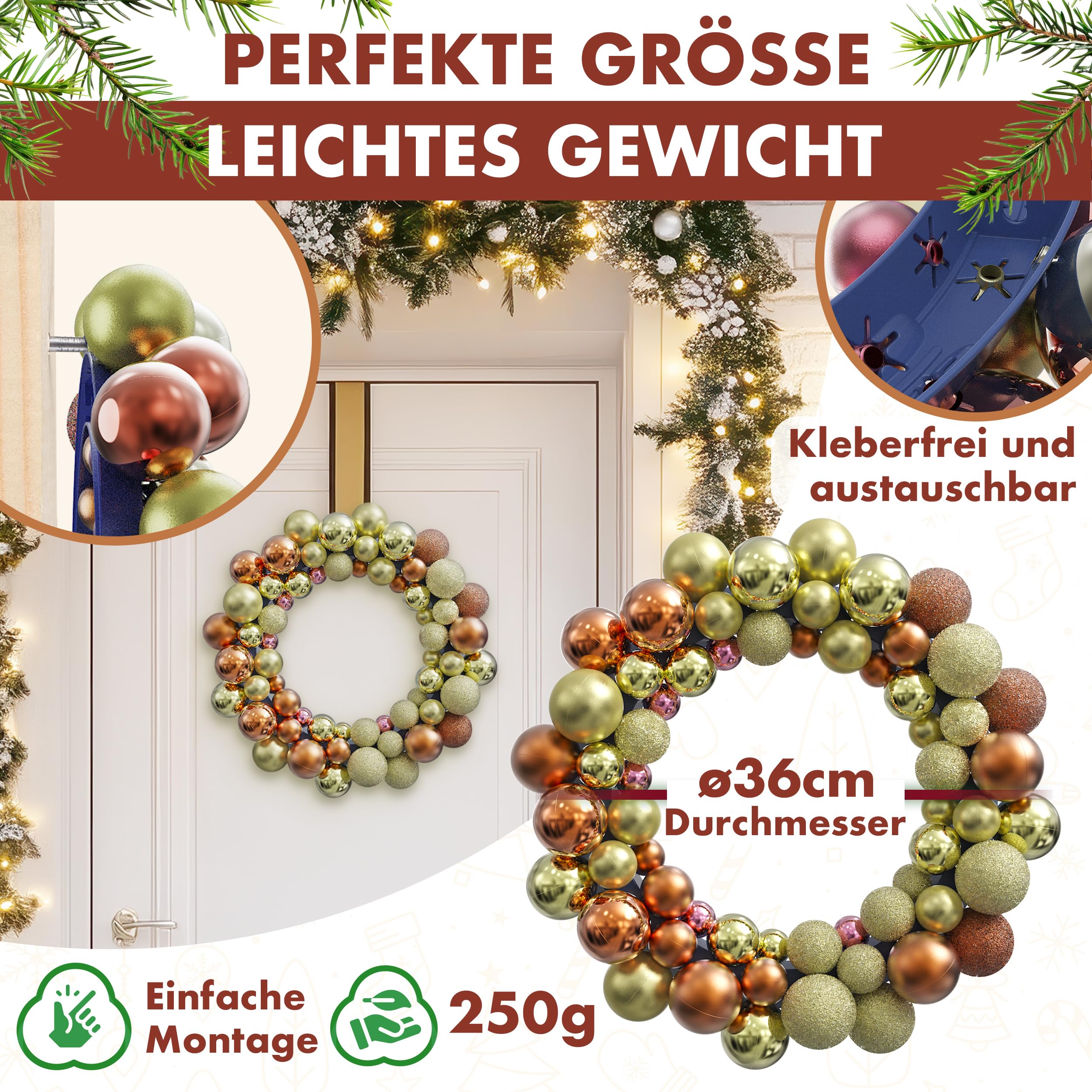 Weihnachtskranz Mit Christbaumkugeln – Orange & Gold, 36 Cm Durchmesser | Als Türkranz, Adventskranz Oder Tischdeko