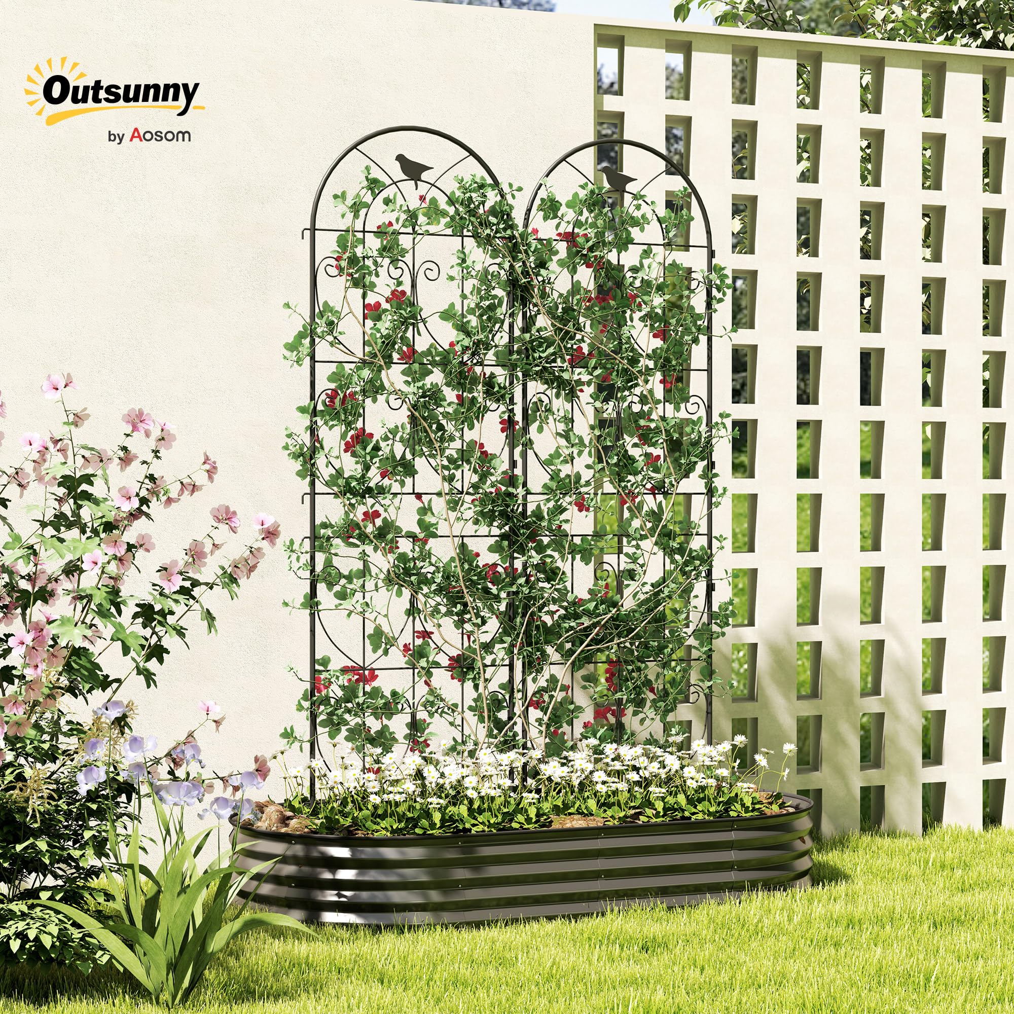 Outsunny Support pour Plantes Grimpantes avec Oiseaux, Lot de 2, Treillis de Jardin, pour Légumes, Vignes, Fleurs, en Métal, 50 x 180 cm, Noir