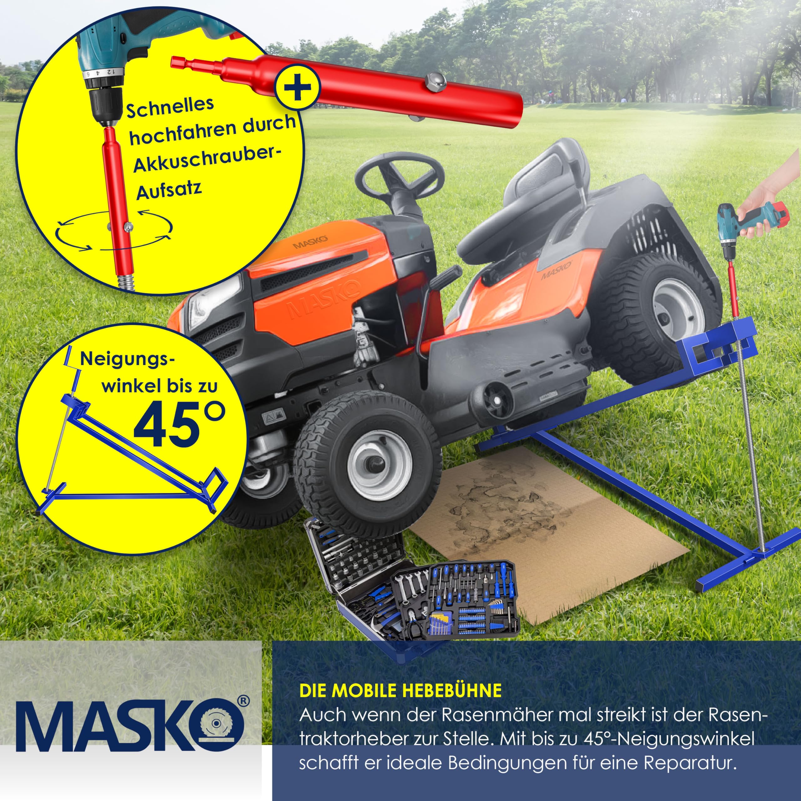 MASKO Cric de tracteur à gazon XXL 450 kg - Pont élévateur de tondeuse autoportée - Aide au nettoyage universel - Inclinaison réglable à +45° - Avec adaptateur, manivelle, gants et brosse - Bleu