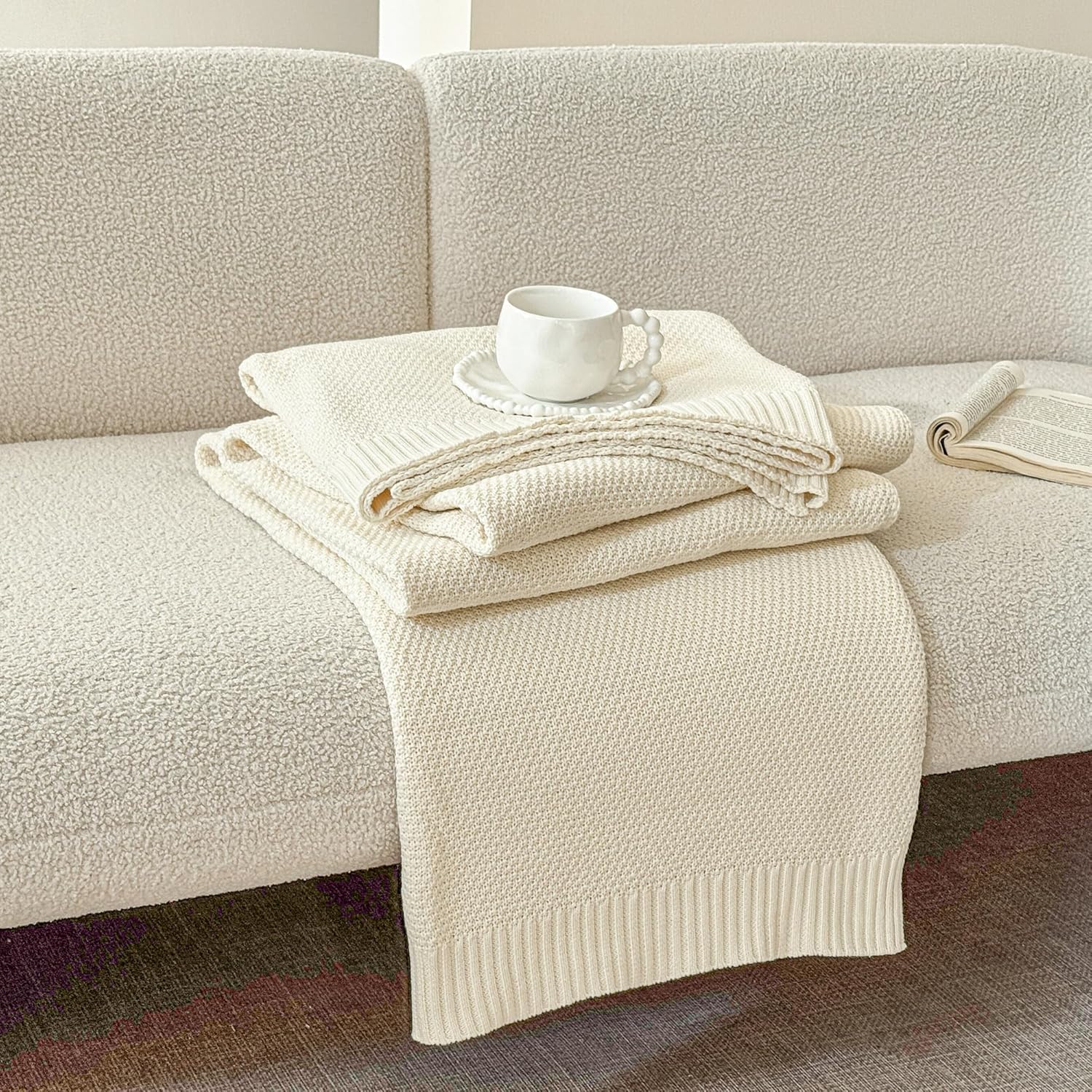 Simple&Opulence 100% Cotton Blanket Queen Size, Solid Color Cable Knitted Blanket Super Soft Comfortable Breathable Decorative Farmhouse for Couch Sofa Bed, All Season Use(White,90x90)
