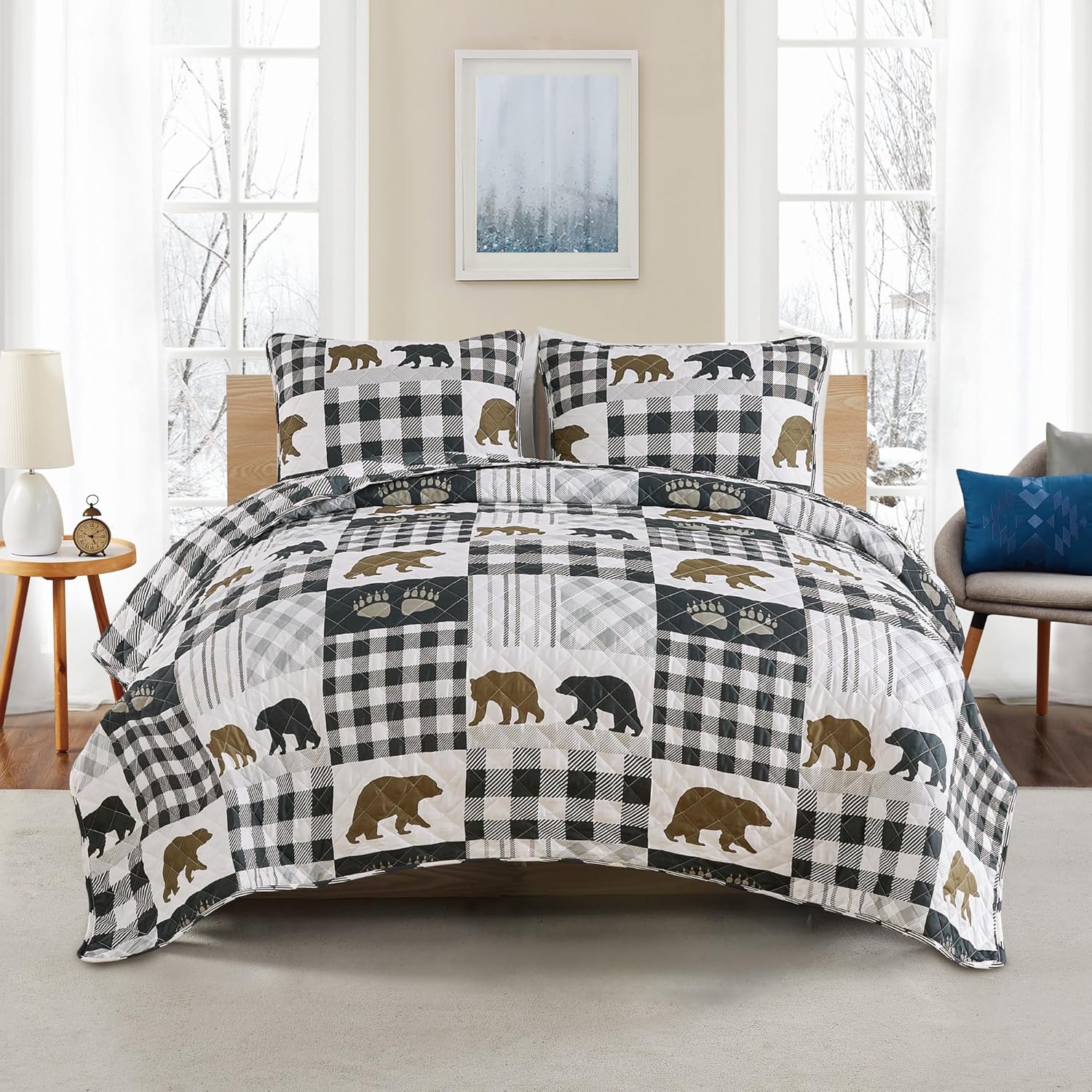 Market & Place Rustic Quilts Full/Queen Size | 3-Piece Cabin Comforter Set with Shams | Reversible Lodge Bear Bedding for All Season | Orson Collection (Full/Queen, Grey/Brown) - Image 7