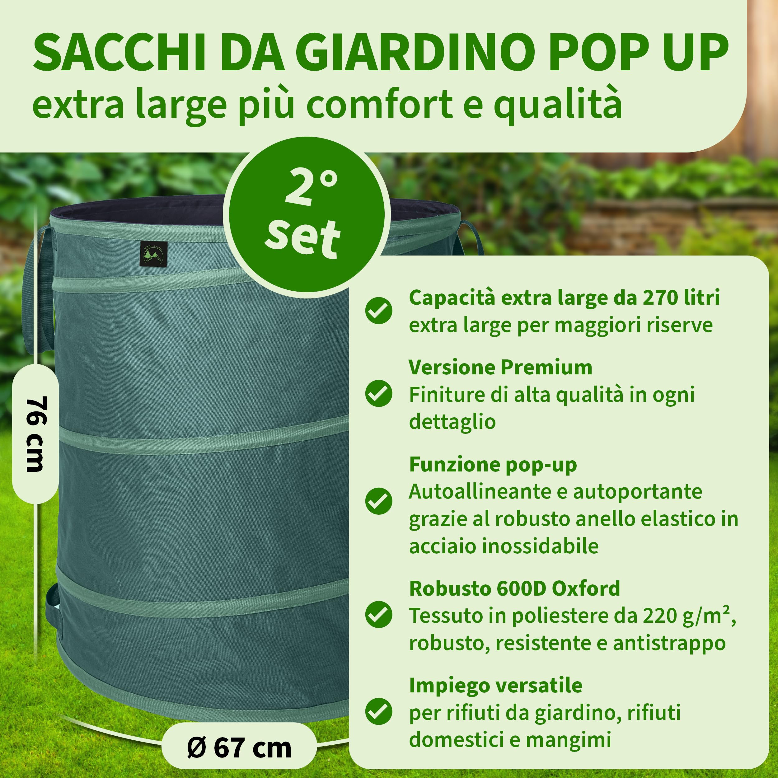 TTL GARDEN 2 sacchi per rifiuti da giardino Premium Pop Up da 270 l, 220 g/m², 600D, Oxford, set da 2 pezzi, 270 litri, pieghevoli, grandi e stabili sacchi per foglie, contenitore da giardino