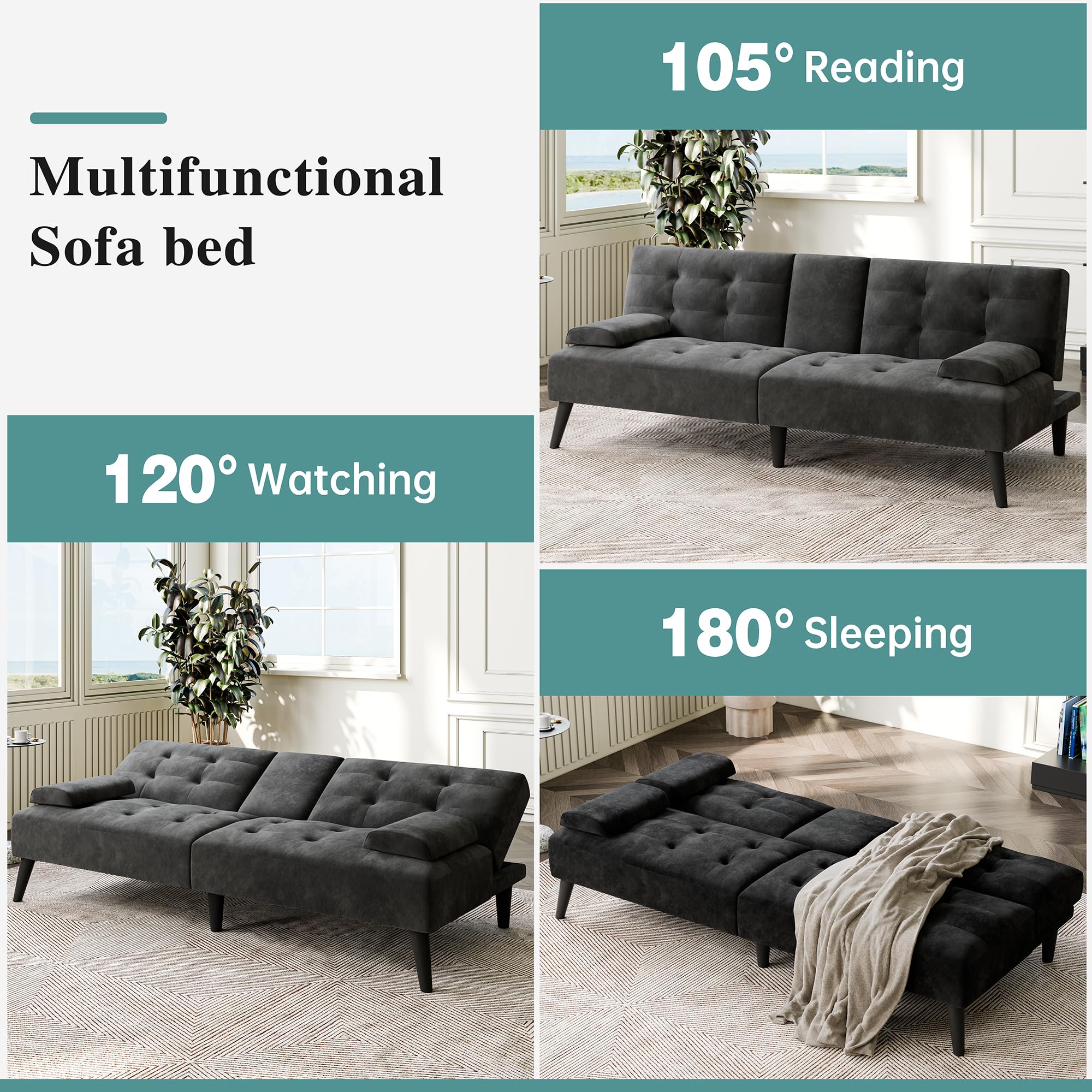 64" Futon Sofa Bed, Convertible Loveseat with 2 Cup Holders, Small Couch with 3 Adjustable Angles, Removable Armrests, Small Sofa for Apartment, 5.3 FT, Black
