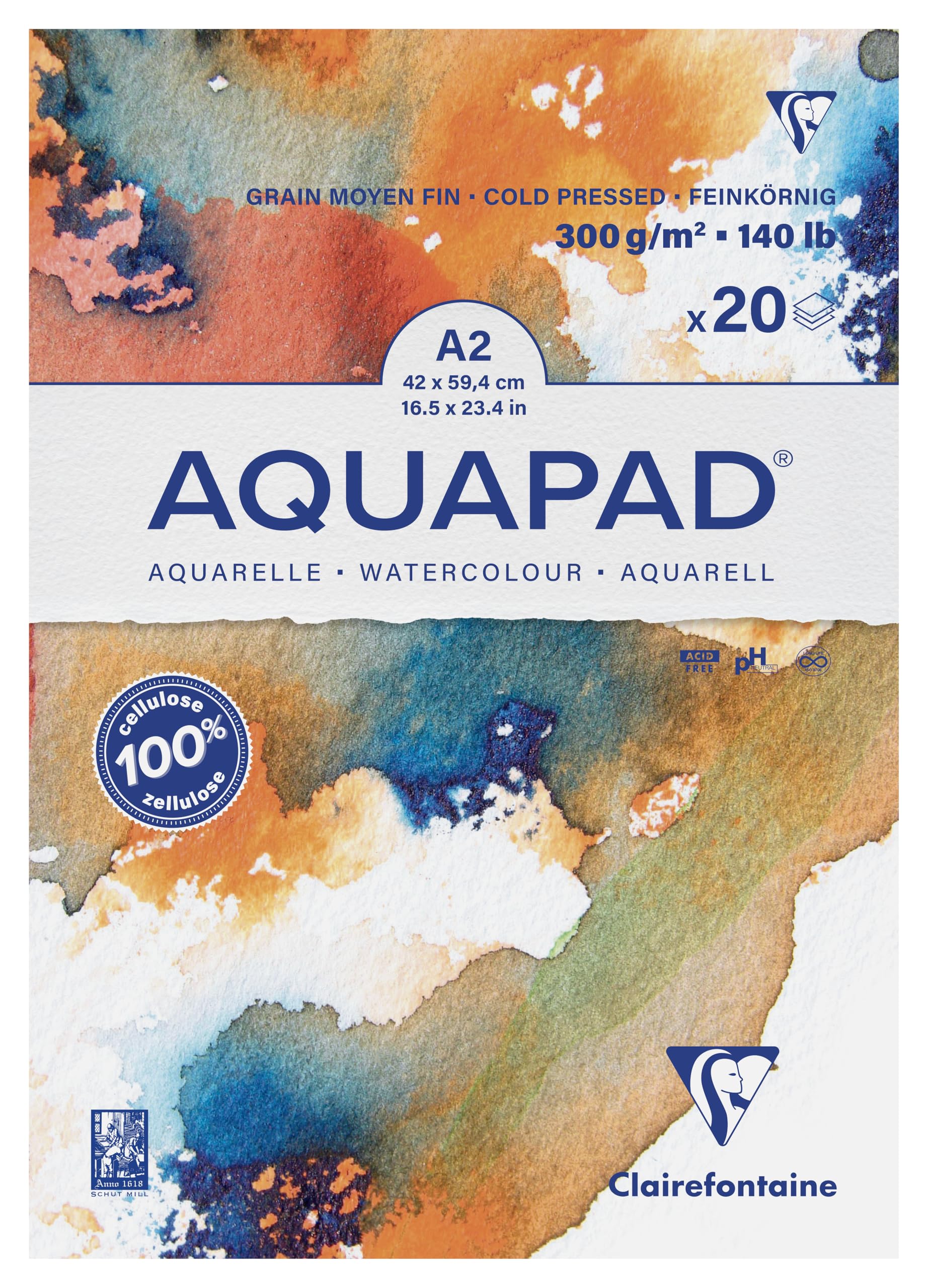 Clairefontaine 975723C Blocco collato Goldline Aquapad - 20 Fogli Carta Acquerello Bianca Grana Medio Fine A2 42x59,4 cm 300g