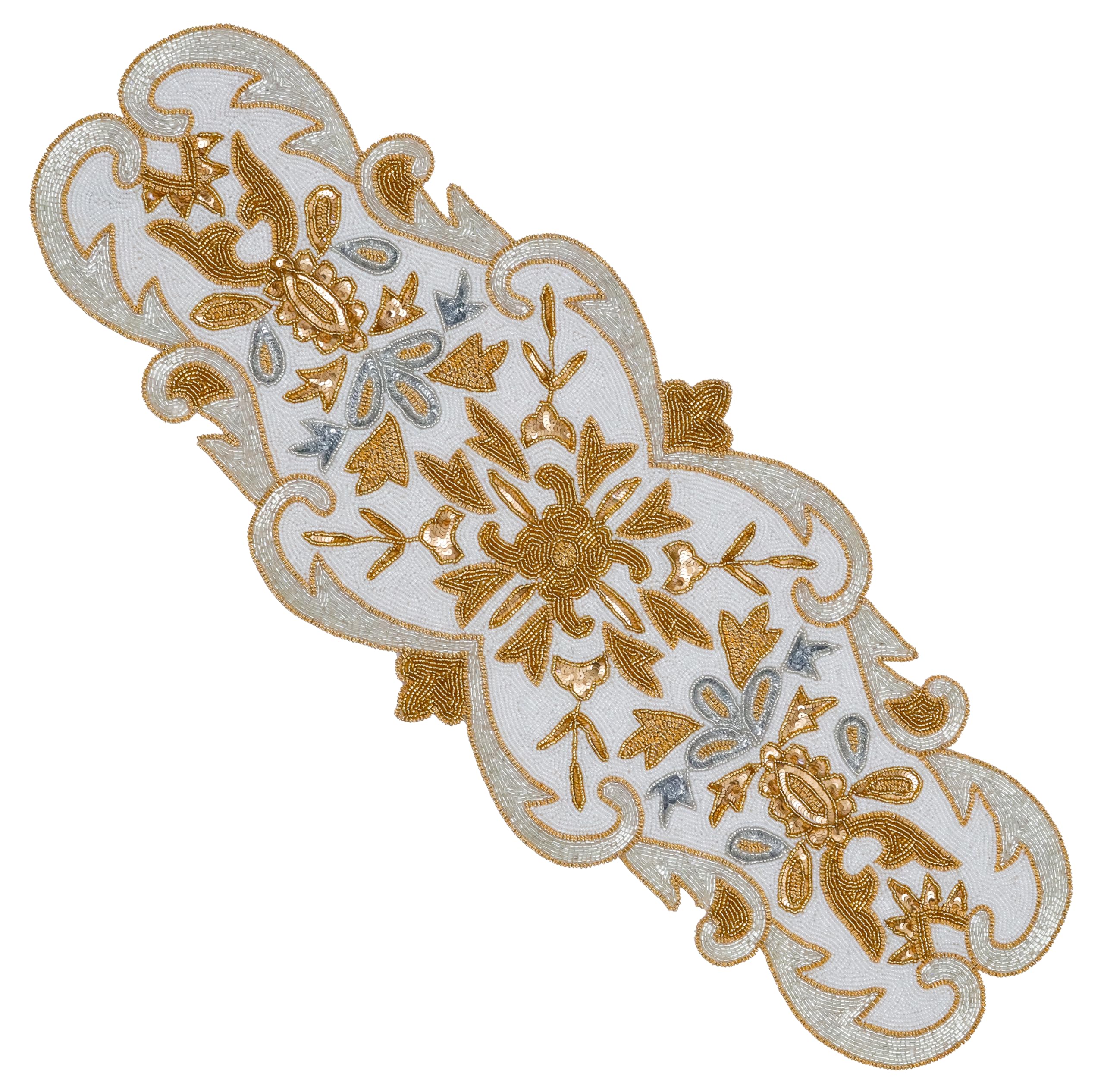 Beaded Table Runner Decorative Hand Glitz Rustic Farmhouse for Scalloped Design - 13x36 Inch - Gold Silver Milky
