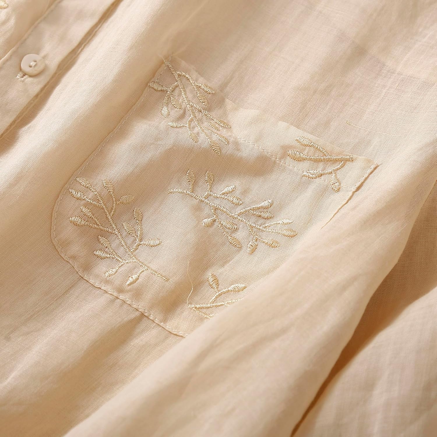 Women's Cotton Linen Shirt Collar Button Down 3/4 Lantern Sleeve Tunic Embroidered Tops Blouse - Image 2