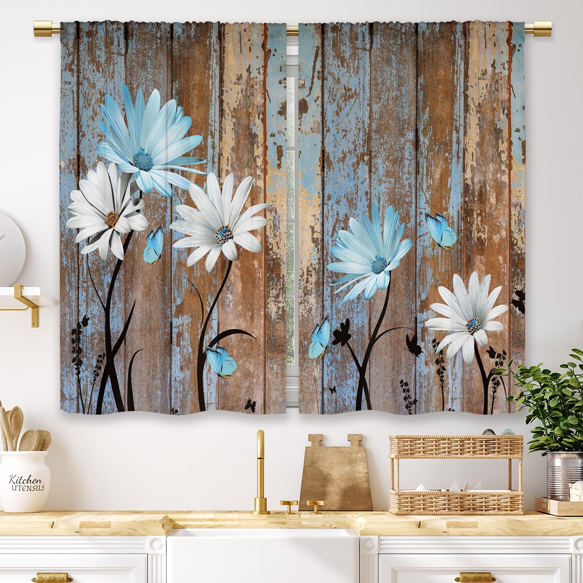 Laifzere Blue Farmhouse Floral Kitchen Curtains 2 Panels (27.5x39 Inch) — image 1