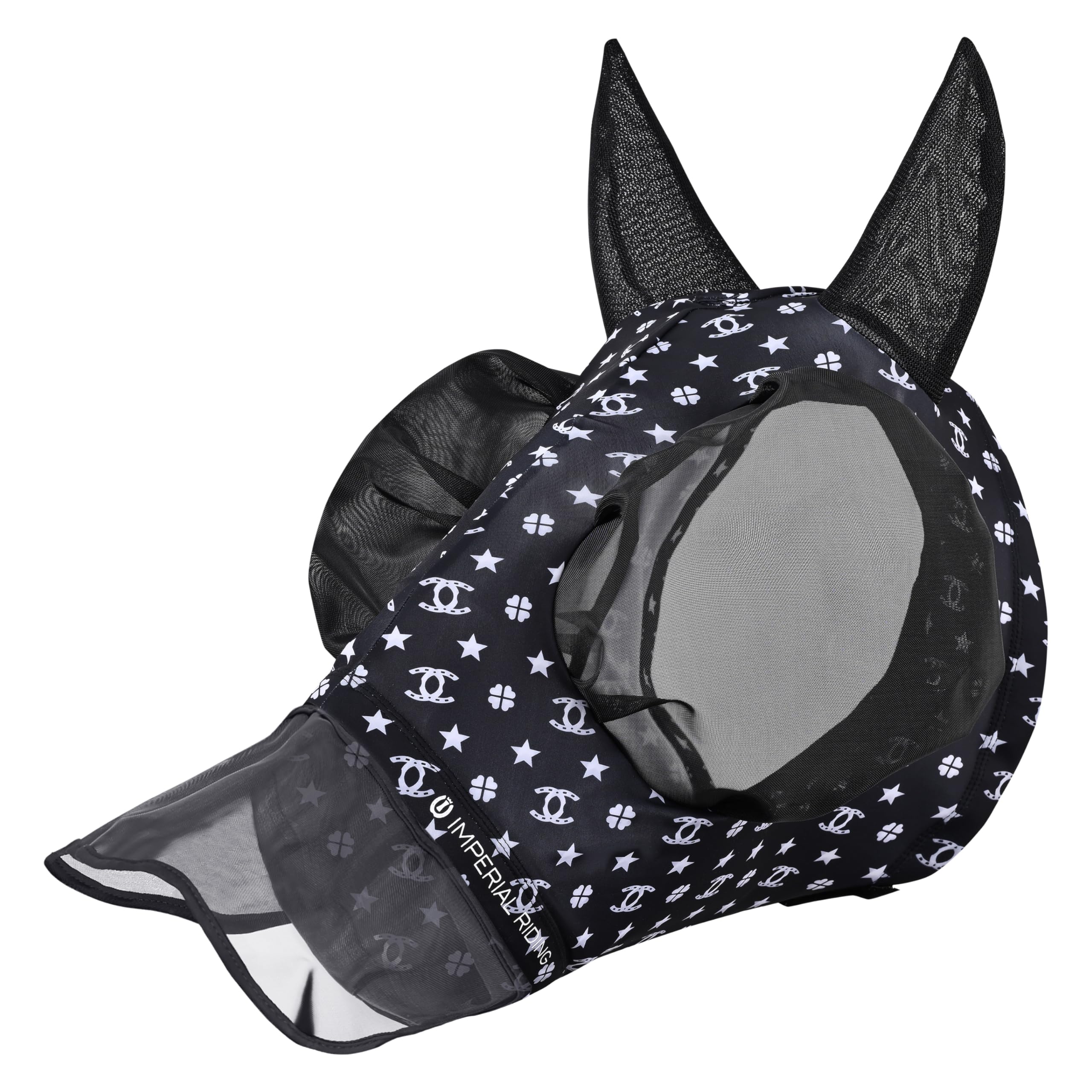 Imperial Riding Trail Ride Fly Mask with Nose Guard Black AOP Pony