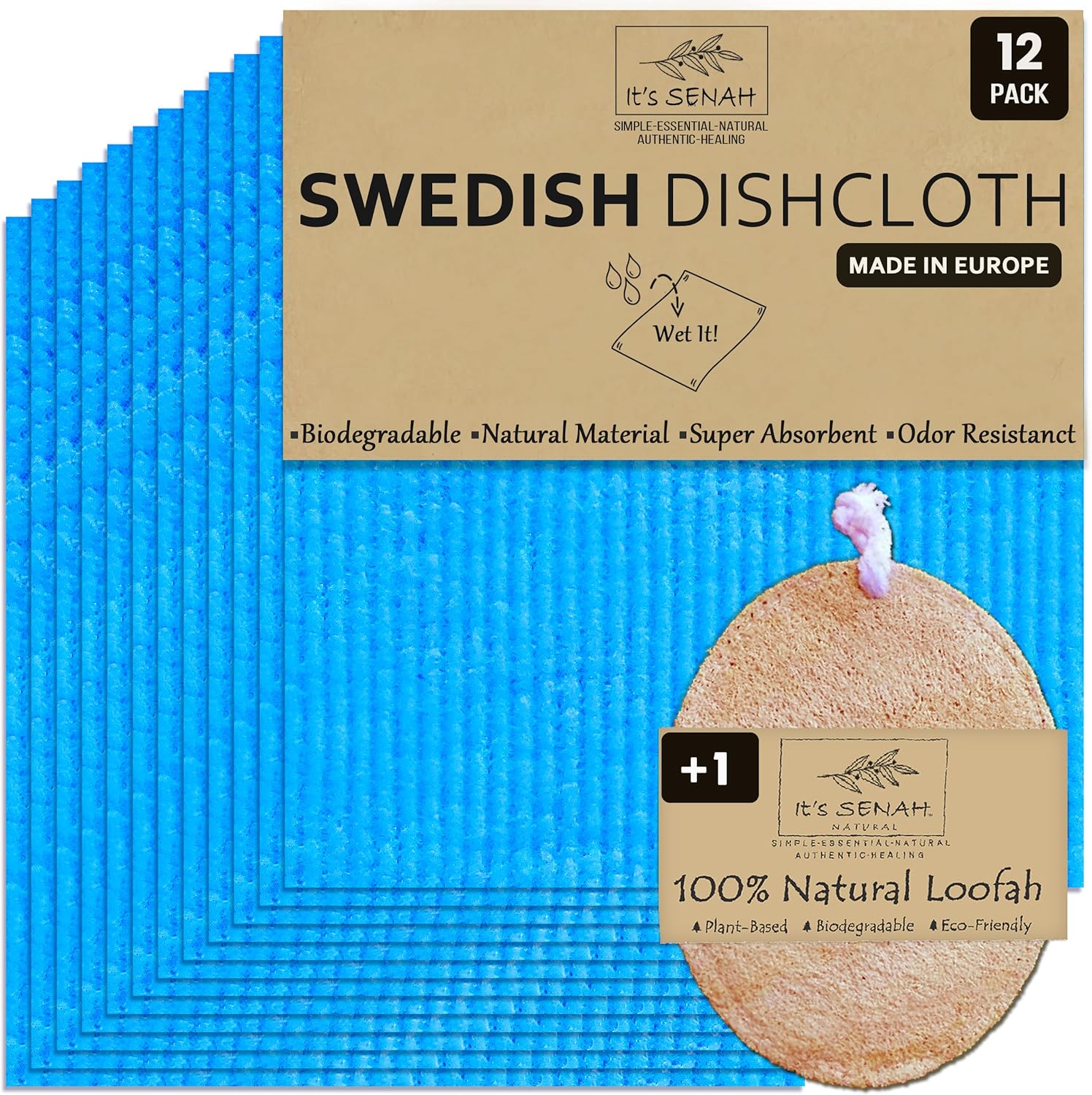 [12Pack+1Loofah Dish Sponge] 100% Natural Biodegradable Swedish Dishcloths for Kitchen | No-Discoloration, No-Odor, Super Absorbent Dish Sponge | Paper Towel Replacement.