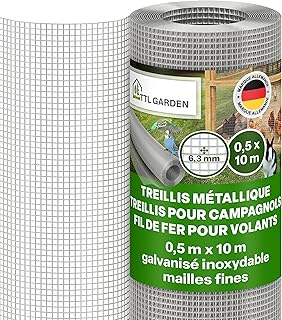 TTL GARDEN 50 cm x 10 m de grillage à mailles fines, galvanisé sans rouille, maille de 6,3 mm, épaisseur de fil de 0,55 mm - sur rouleau, grillage métallique pour volière, grillage pour lapins