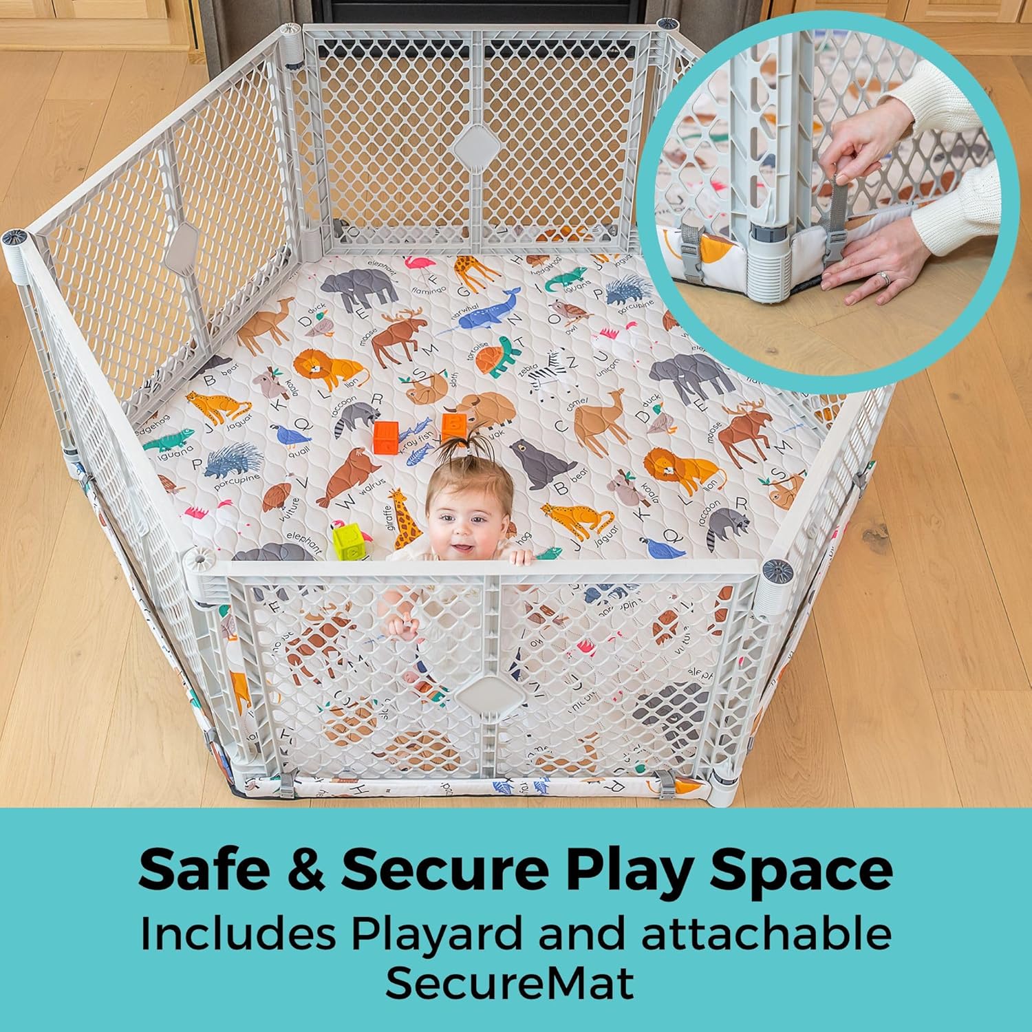 Toddleroo Superyard Nook Bundle, Freestanding 6-Panel Light Gray Playard with SecureMat Playmat, Animal ABC, Portable for Indoor & Outdoor Use