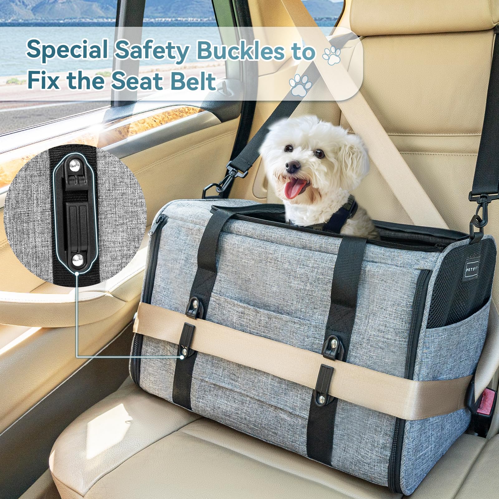 Petsfit Transportín para gatos y perros para coche, transportador para perros, plegable, con 2 hebillas patentadas para asiento de coche, red de 4 lados y cojín extraíble, L/gris