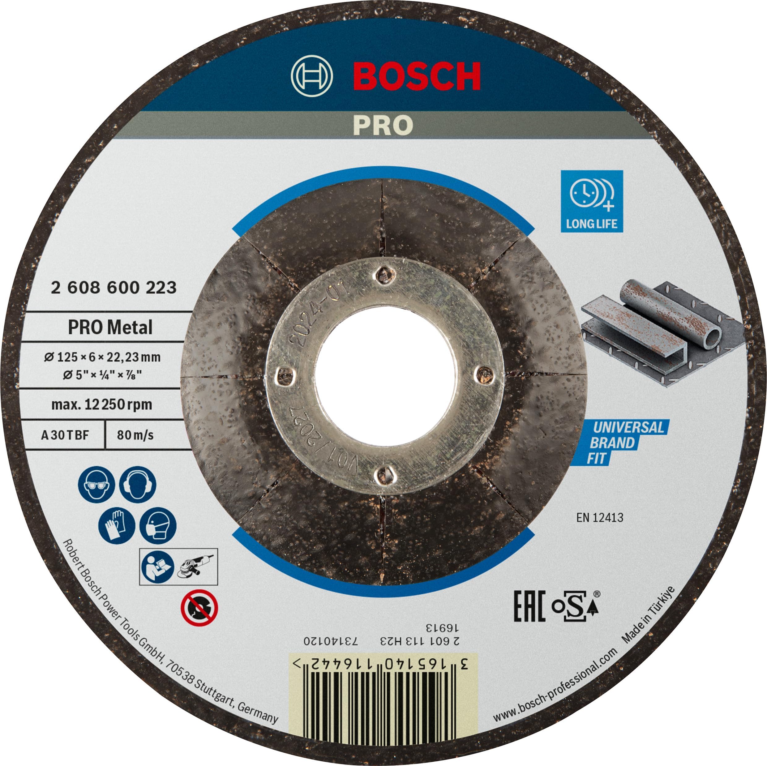 Bosch 1x PRO Metal Longlife Grinding Disc for Small Angle Grinder and Bore 22.23 mm (for Steel, Ø 125 mm, Professional Accessory Small Angle Grinder)