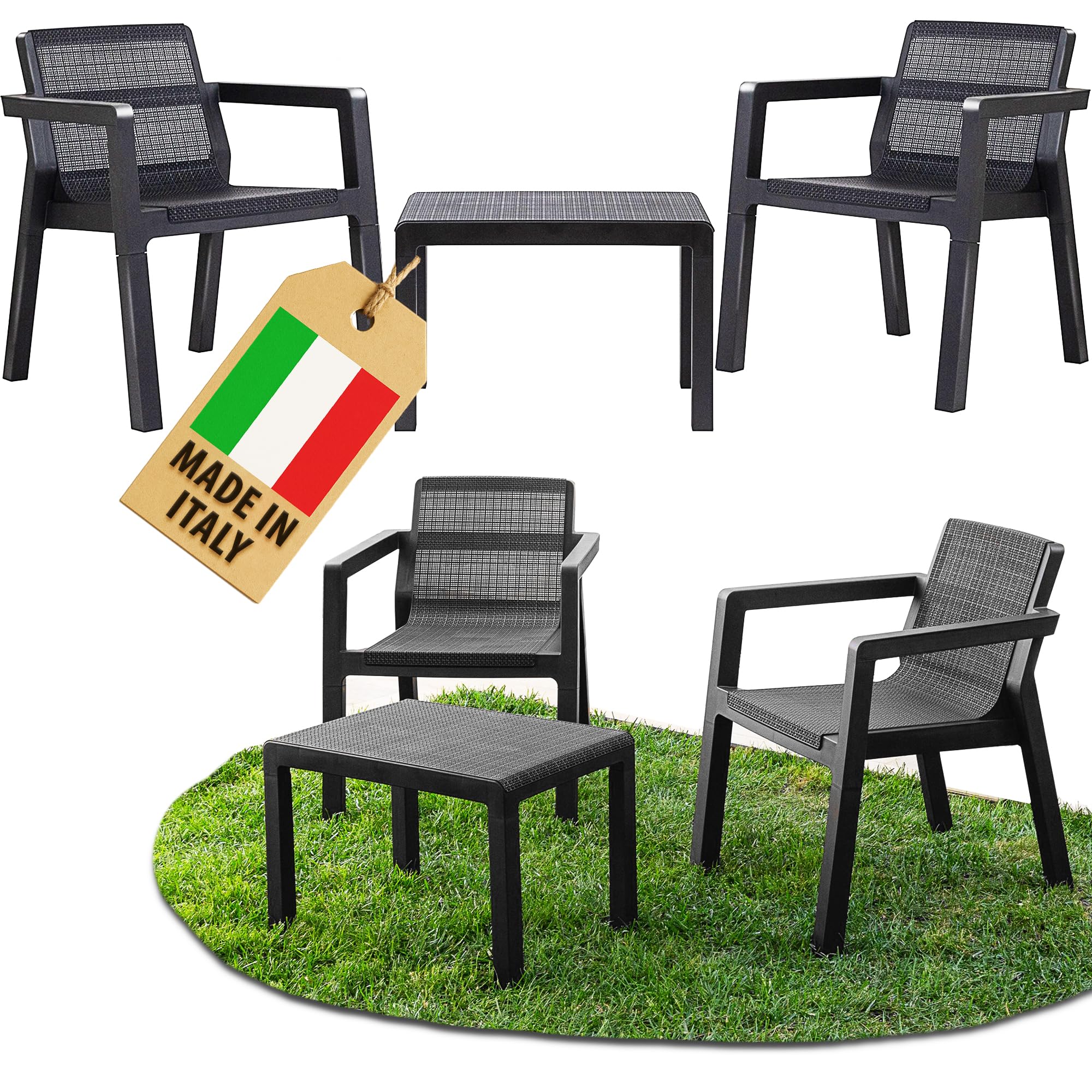 Juego de muebles de balcón Riviera, 3 piezas, muebles de jardín, 2 sillones con mesa auxiliar en imitación de yute, de plástico resistente a los rayos UV y a la intemperie, muebles de balcón