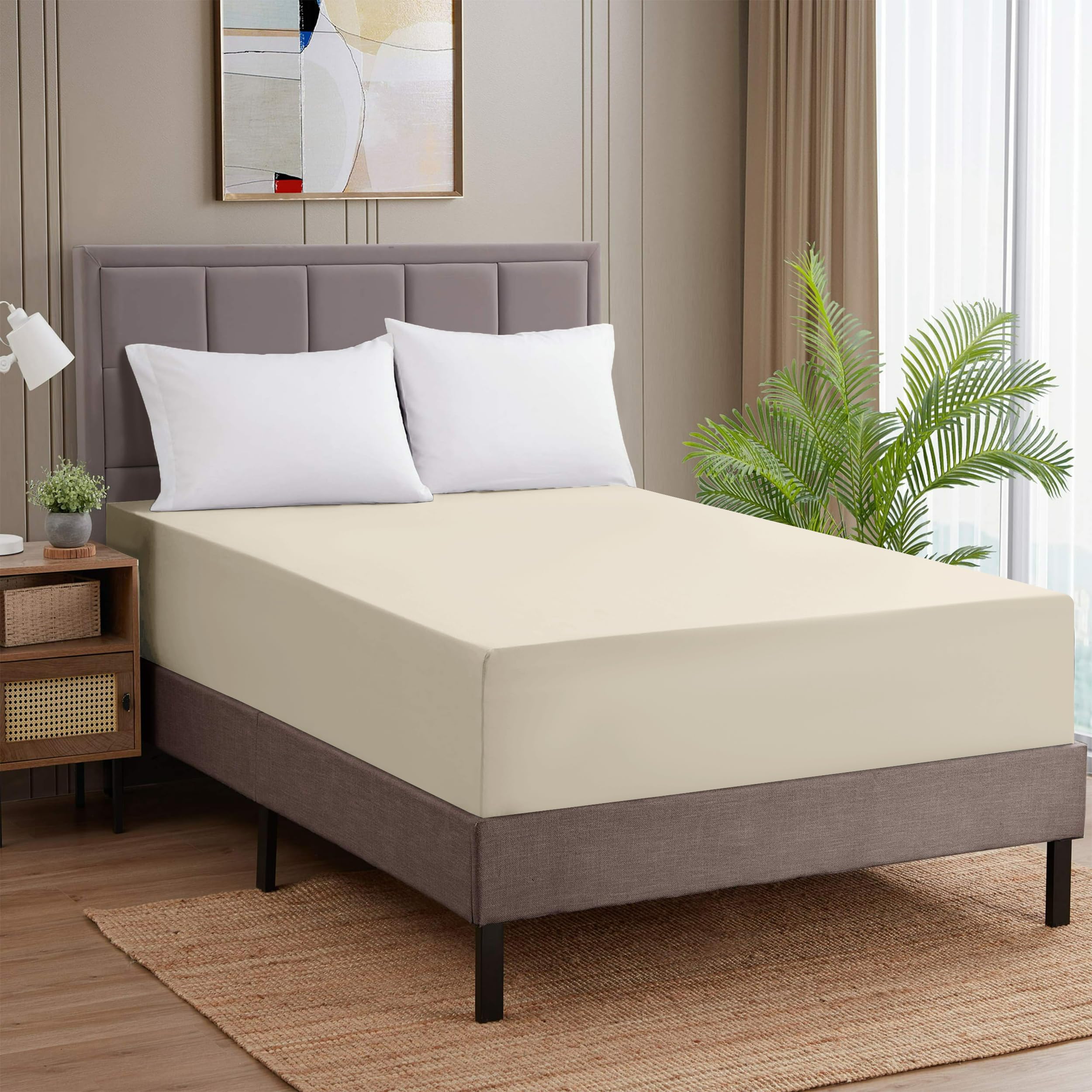 Ameha Cream Double Fitted Sheet - Bed Sheets Extra Deep Pocket 40Cm Soft Brushed Microfiber For Double Bed