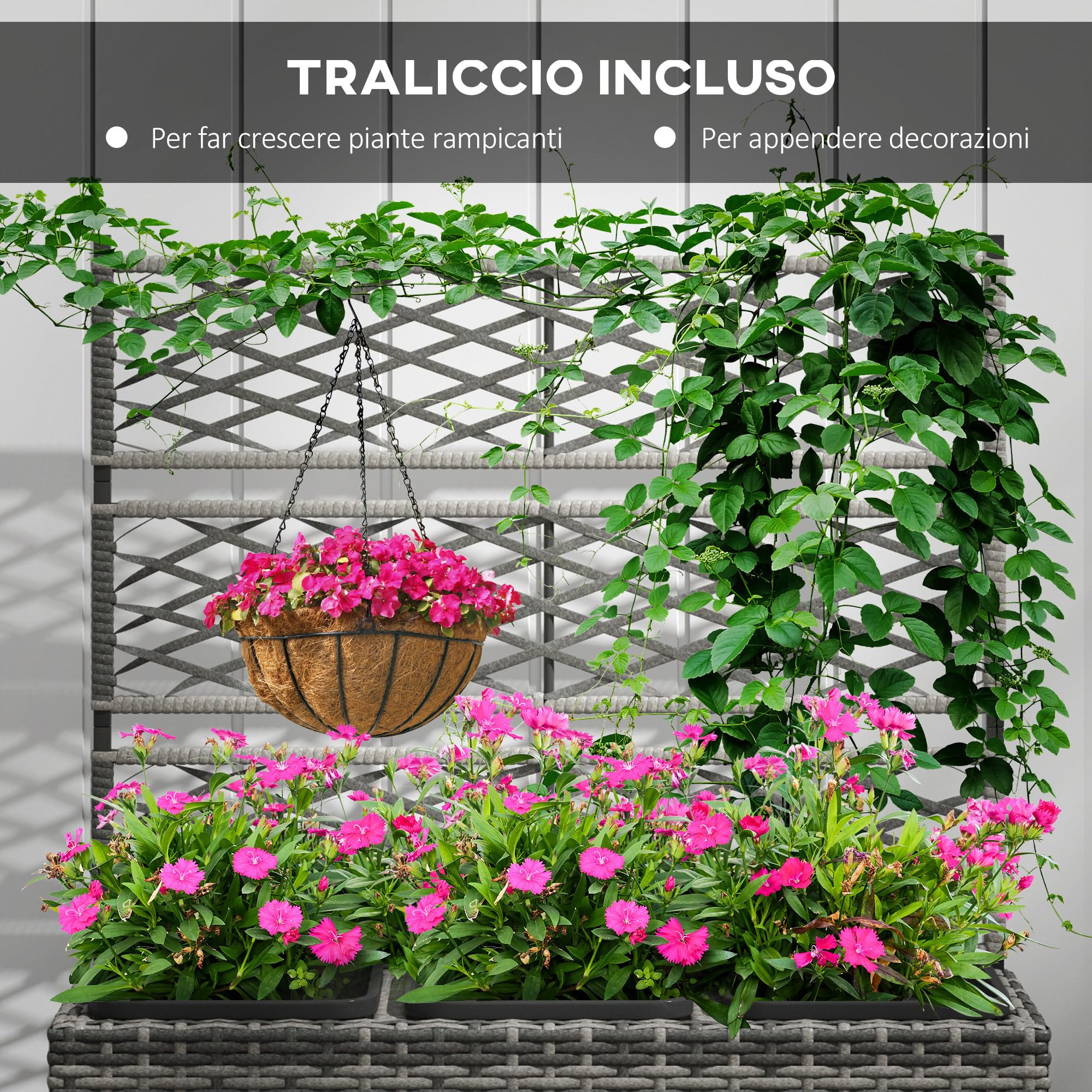 Outsunny Fioriera per Piante con Grigliato per Rampicanti, Aiuola Rialzata con 3 Vasi Interni, Struttura in Acciaio e Rattan PE, 84x30x107cm, Grigio