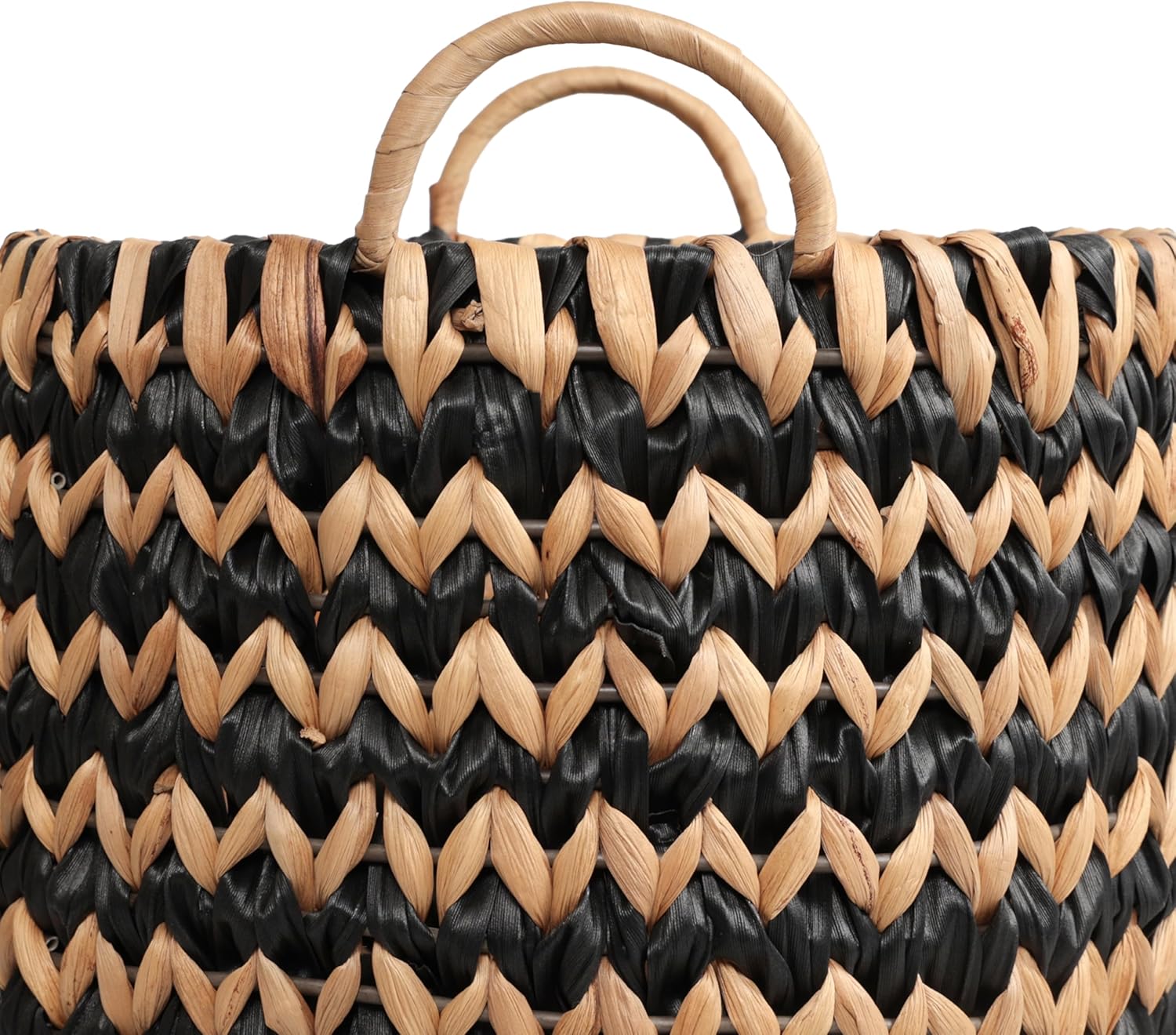 happimess BSK2022C-3SET Cassia Farmhouse Handwoven Two-Tone Water Hyacinth Nesting Storage Baskets with Handles, Seagrass Containers for Decoration in Living Room, Bedroom, Black/Natural (Set of 3)