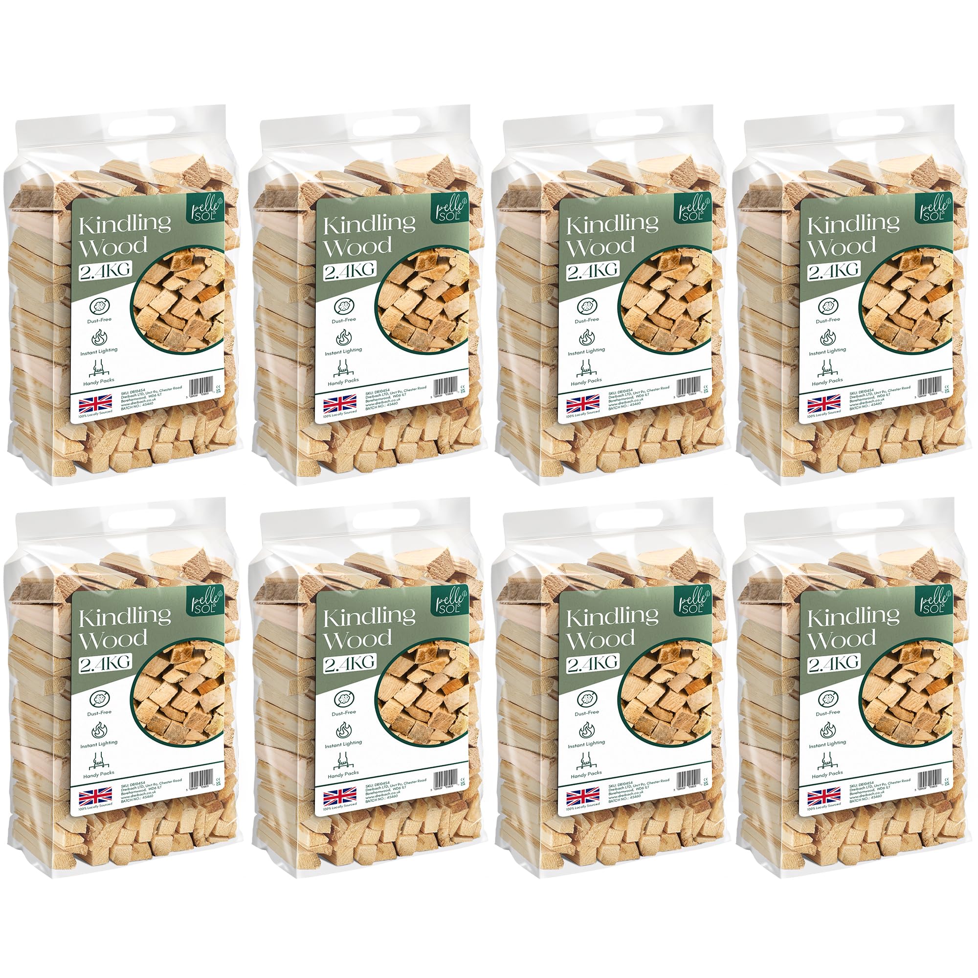 Pelle & Sol Kindling Wood 8 Pack x 2.4 Kg (19.2 Kg Total) – Kiln Dried Fire Wood, Smokeless Fire Logs, Instant Light, Long-Burning Heat Logs for Wood Burner, Firewood Logs, BBQ & Pizza Oven