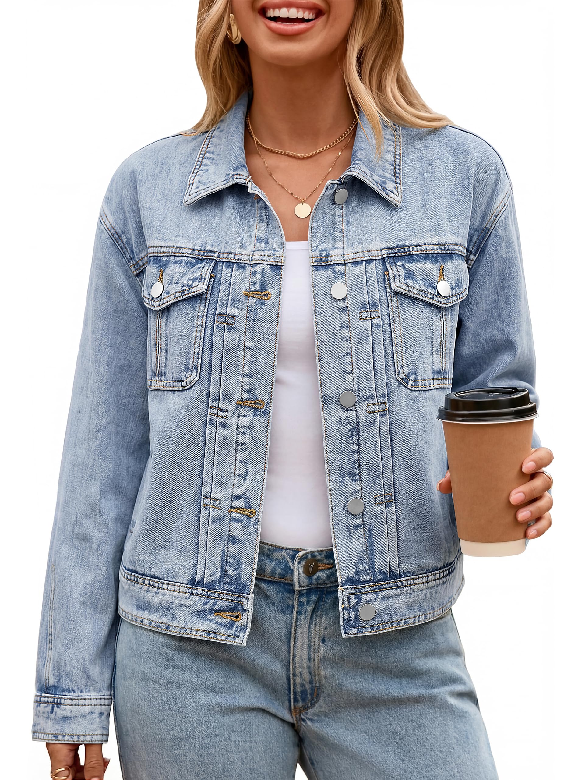 Glamaker Womens Jean Jacket 2026 Casual Basic Trendy Button Down Long Sleeve denim Jacket Coat With Pockets