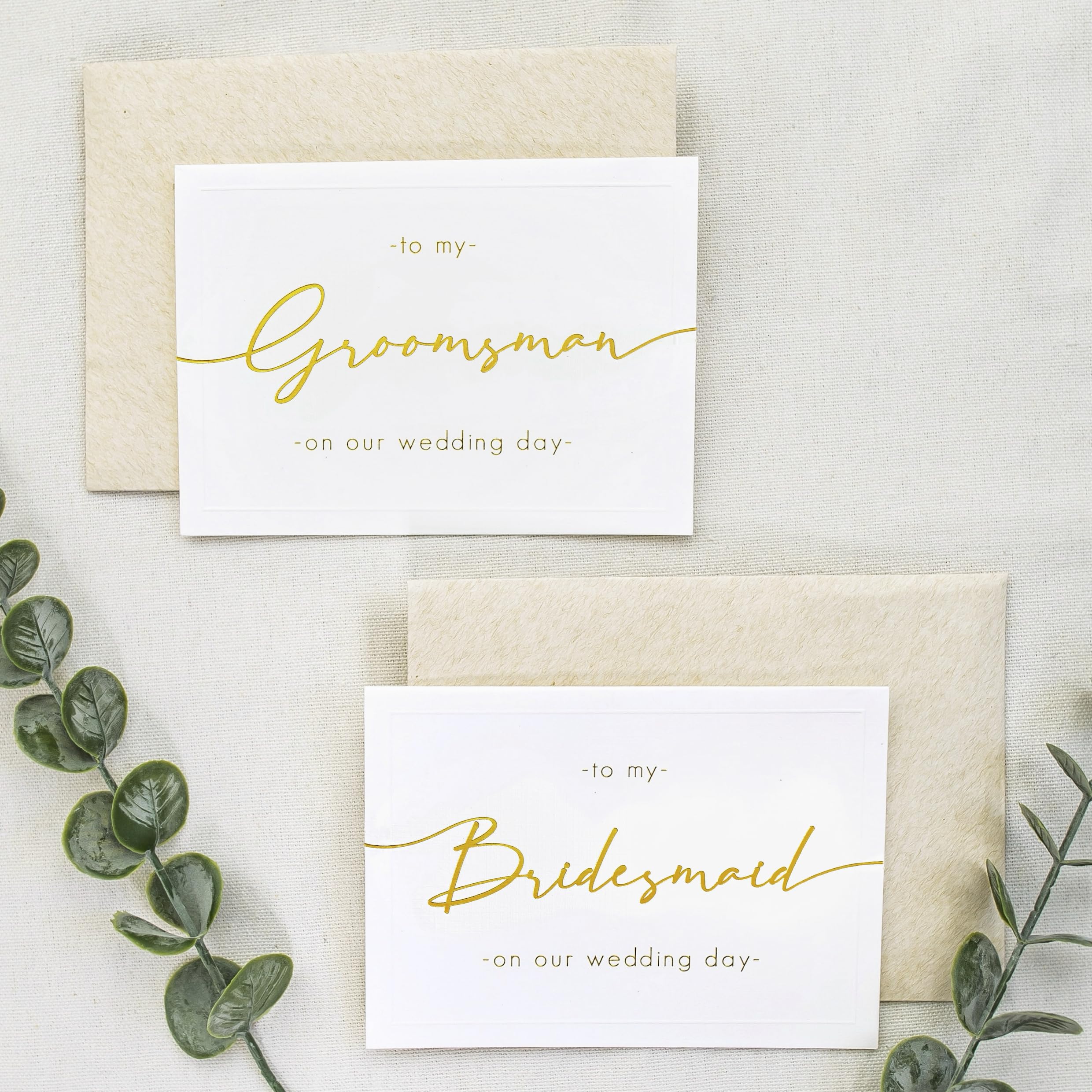 Shoppau Set of 2 Bridesmaid and Groomsman Wedding Day Cards - Linen Textured Cardstock - Elegant Script - 4.875" x 3.75" Folded - Embossed Border -