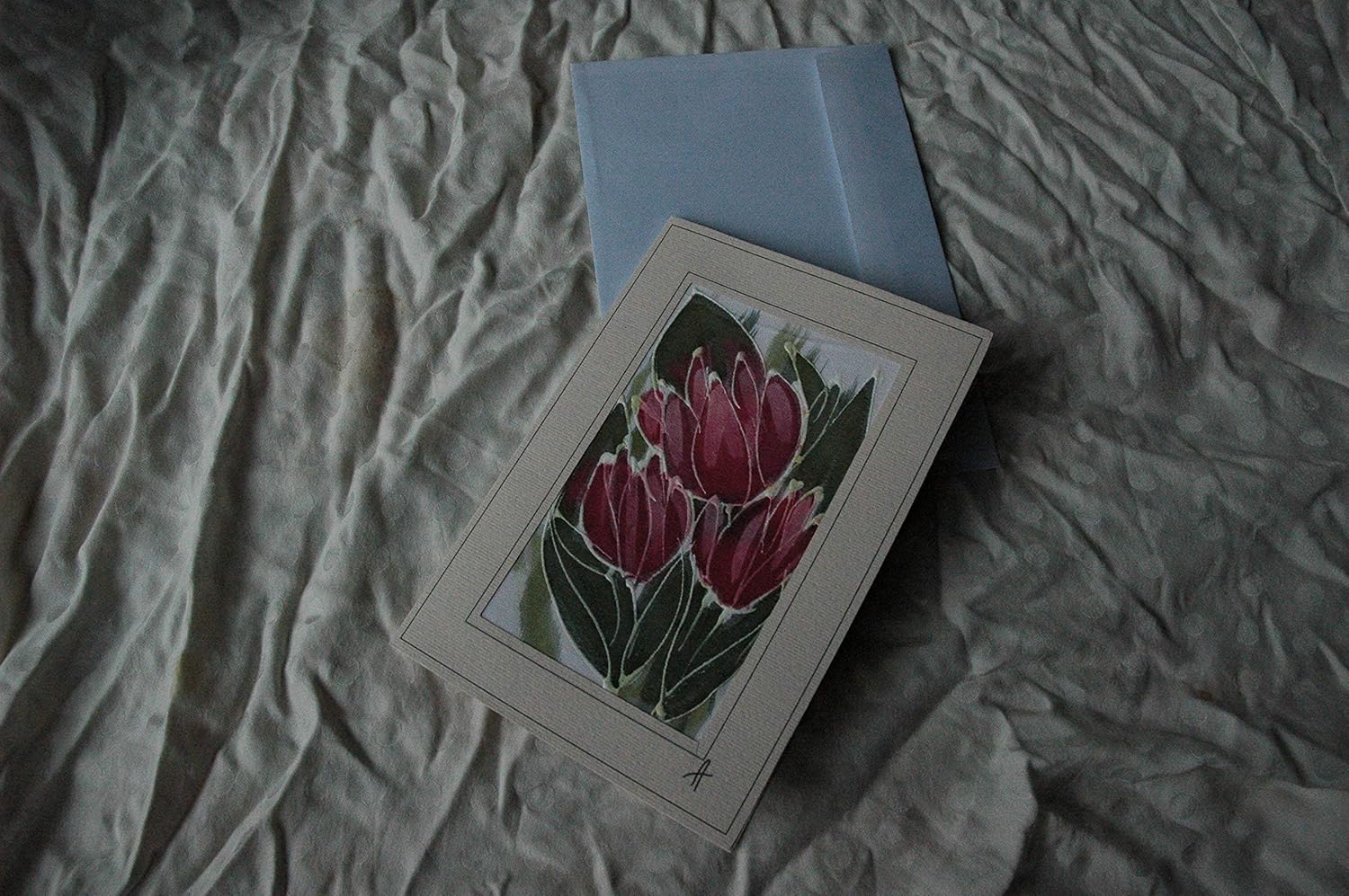 Red Tulips Card, Silk Painting Greetings Card, Tulip Gift