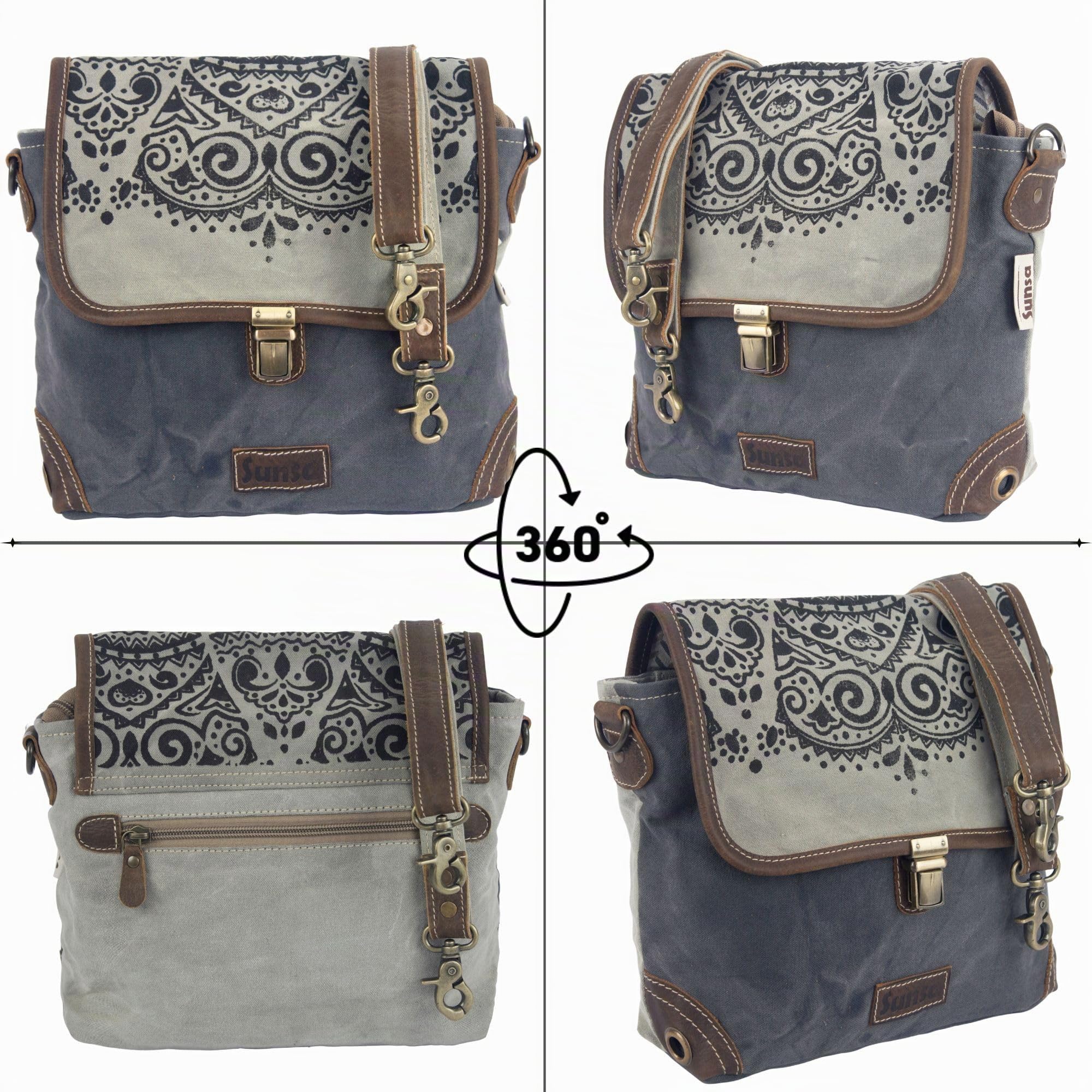 Sunsa Damen Umhängetasche. Canvas/Leder Messenger Tasche. Grau/schwarz