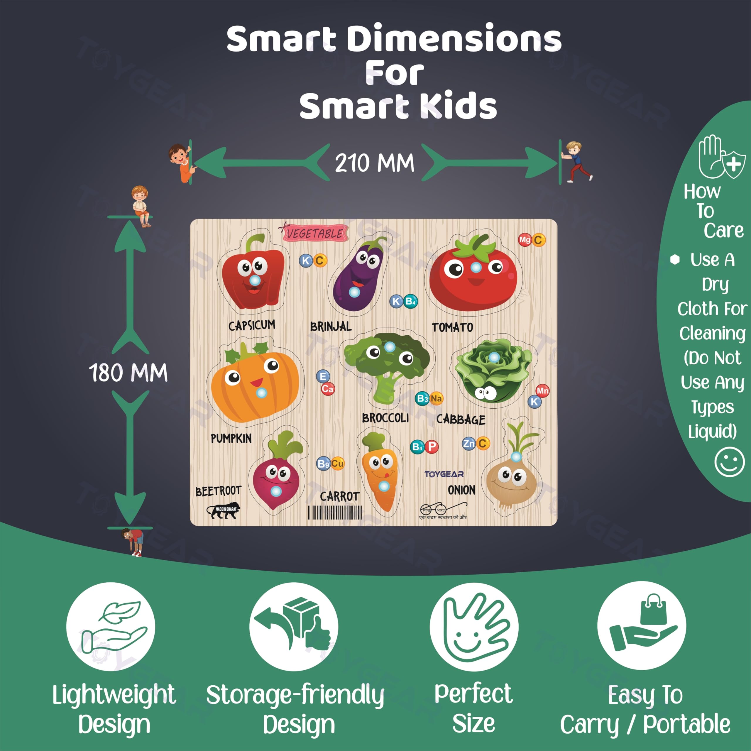 Nizomi Vegetable Peg Puzzles – 9-piece Wooden Veggie with Pegs – Educational Toy for Toddlers – Interactive Learning Board for Vegetable Recognition & Fine Motor Skills 2+ Years 3
