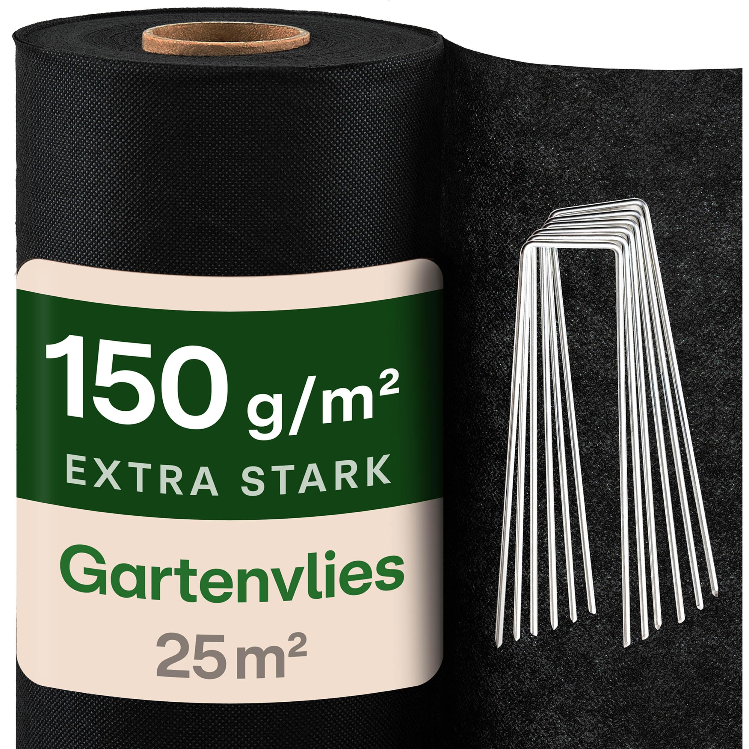 Praknu Gartenvlies 150g/m² mit 12 Erdankern – Extra Stark & Reißfest – 25m² Mulchvlies für dauerhaften Unkrautschutz – Für Wege, Kies & Steingärten