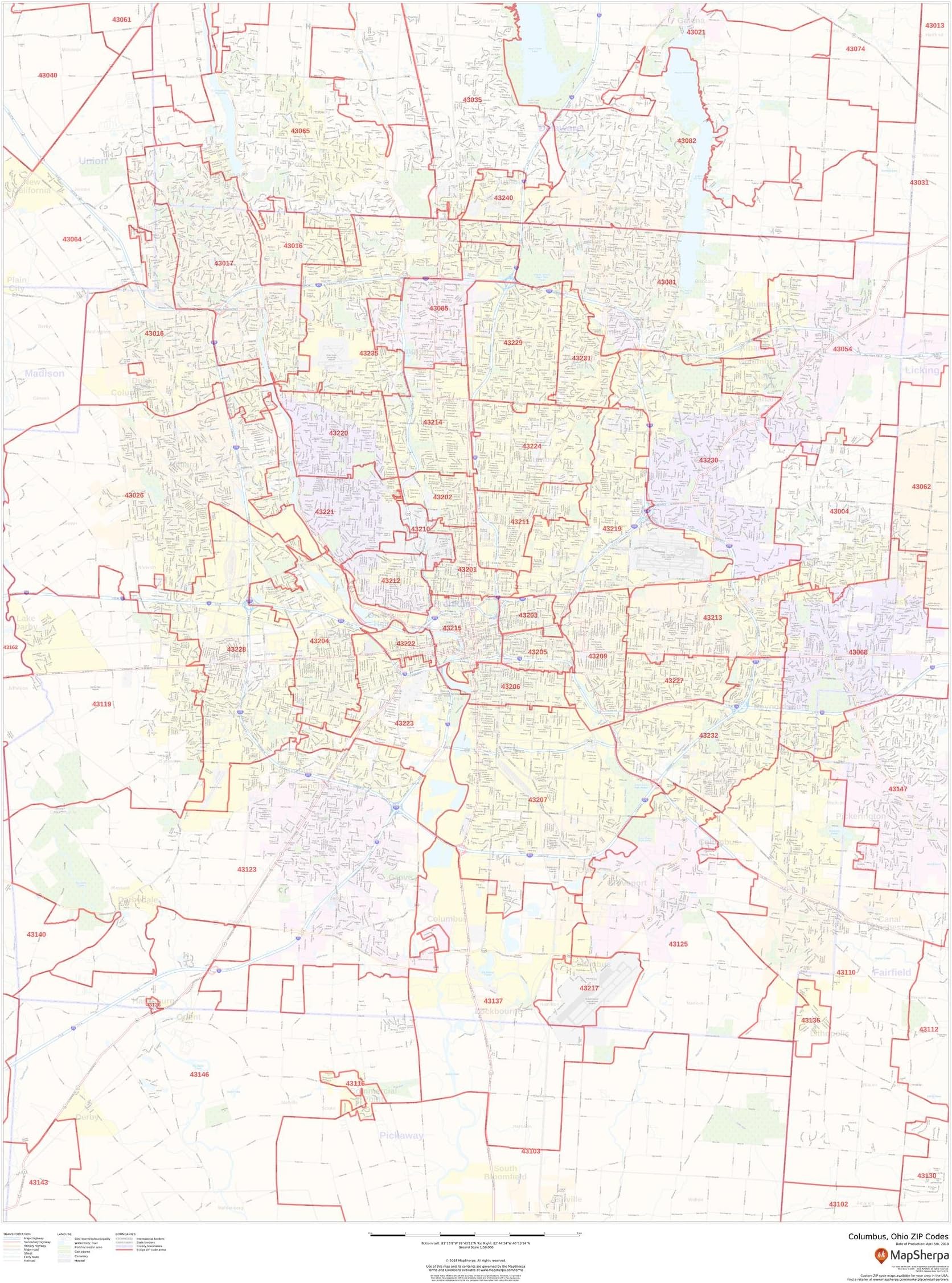 Columbus, Ohio Zip Codes - 36" x 48" Paper Wall Map