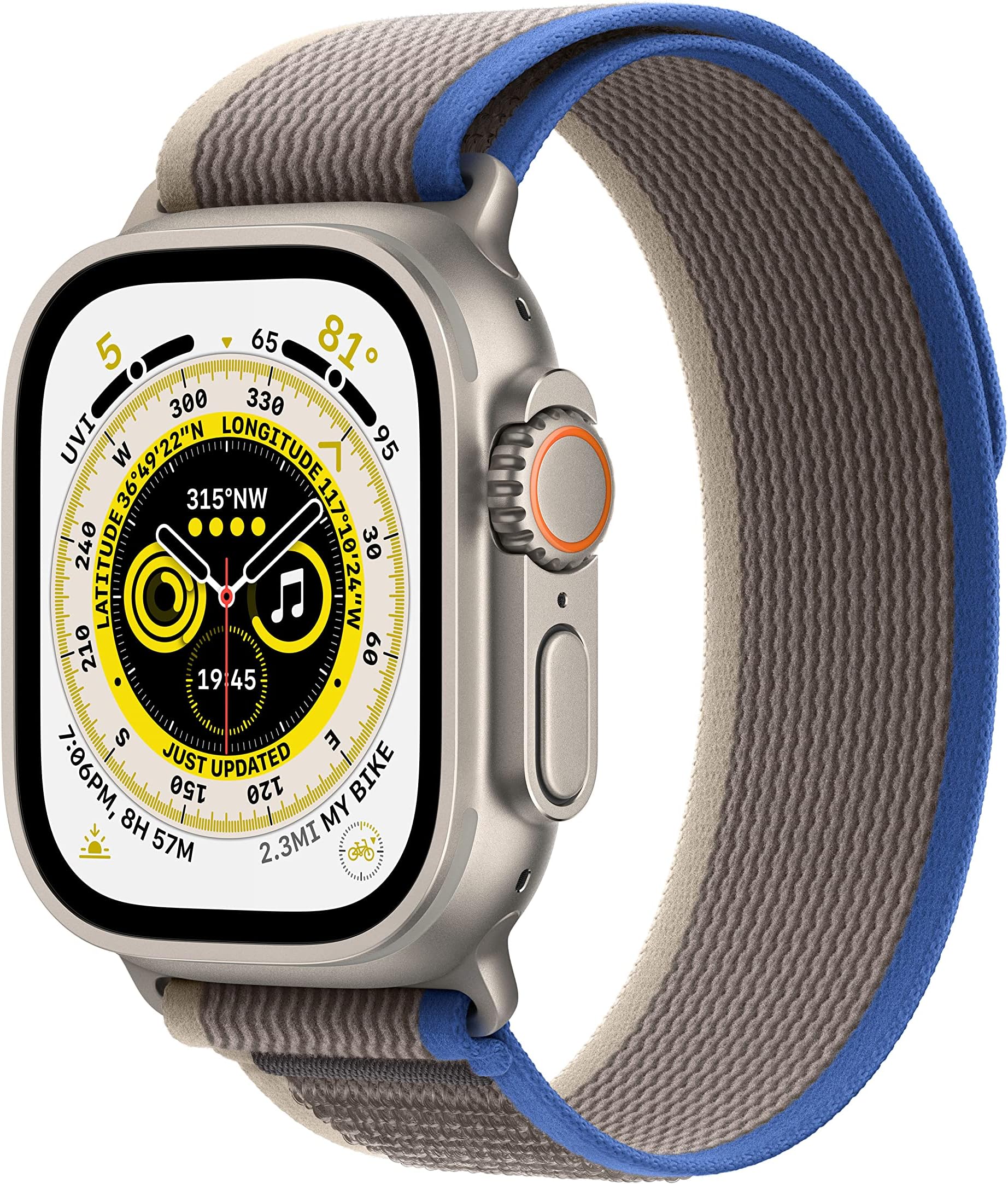 Apple Watch Ultra [GPS + Cellular 49mm] Titanium Case with Blue/Gray Trail Loop, M/L (Renewed)