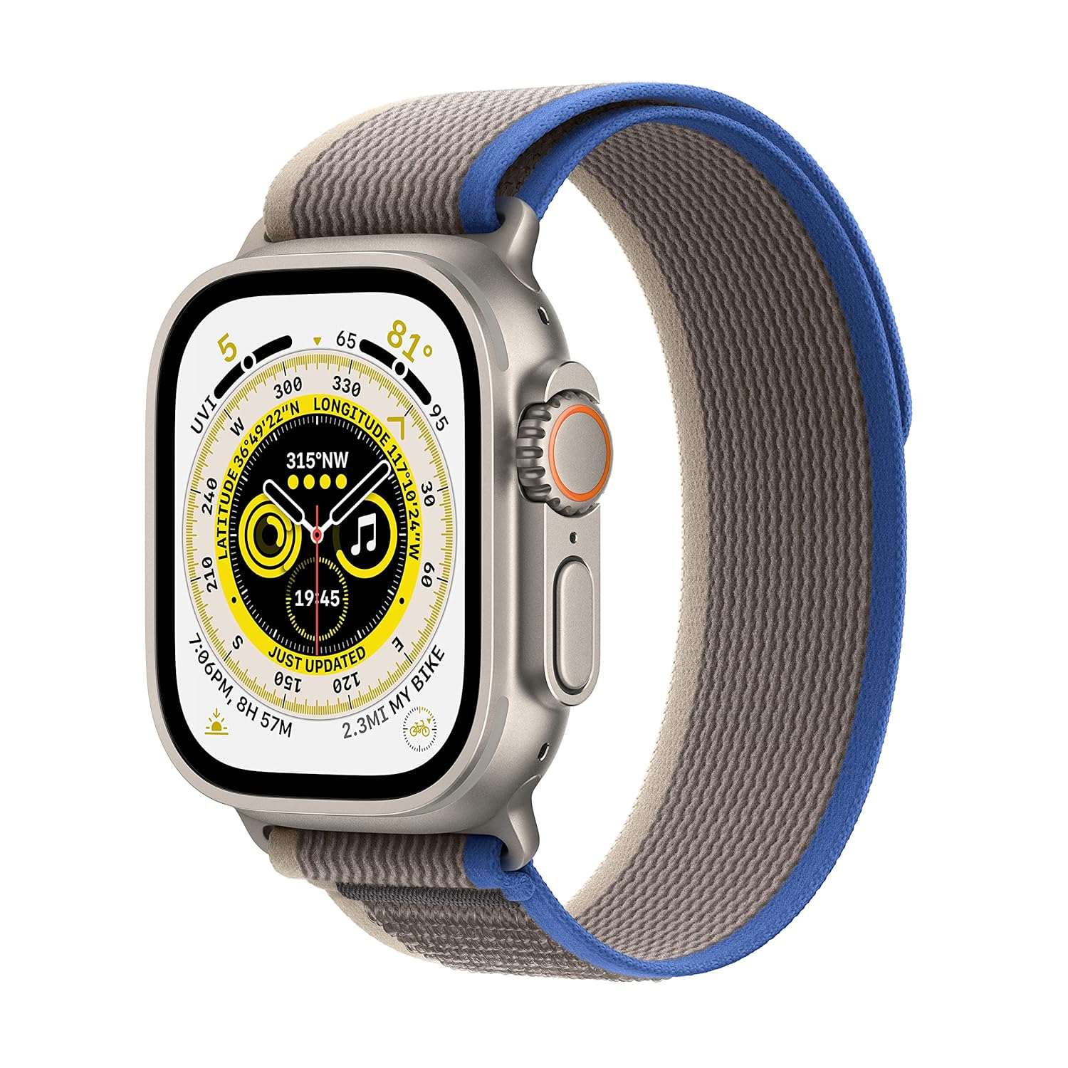 Apple Watch Ultra [GPS + Cellular 49 mm] smart watch w/Rugged Titanium Case & Blue/Grey Trail Loop – M/L. Fitness Tracker, Precision GPS, Action Button, Extra-Long BatteryLife, Brighter Retina Display