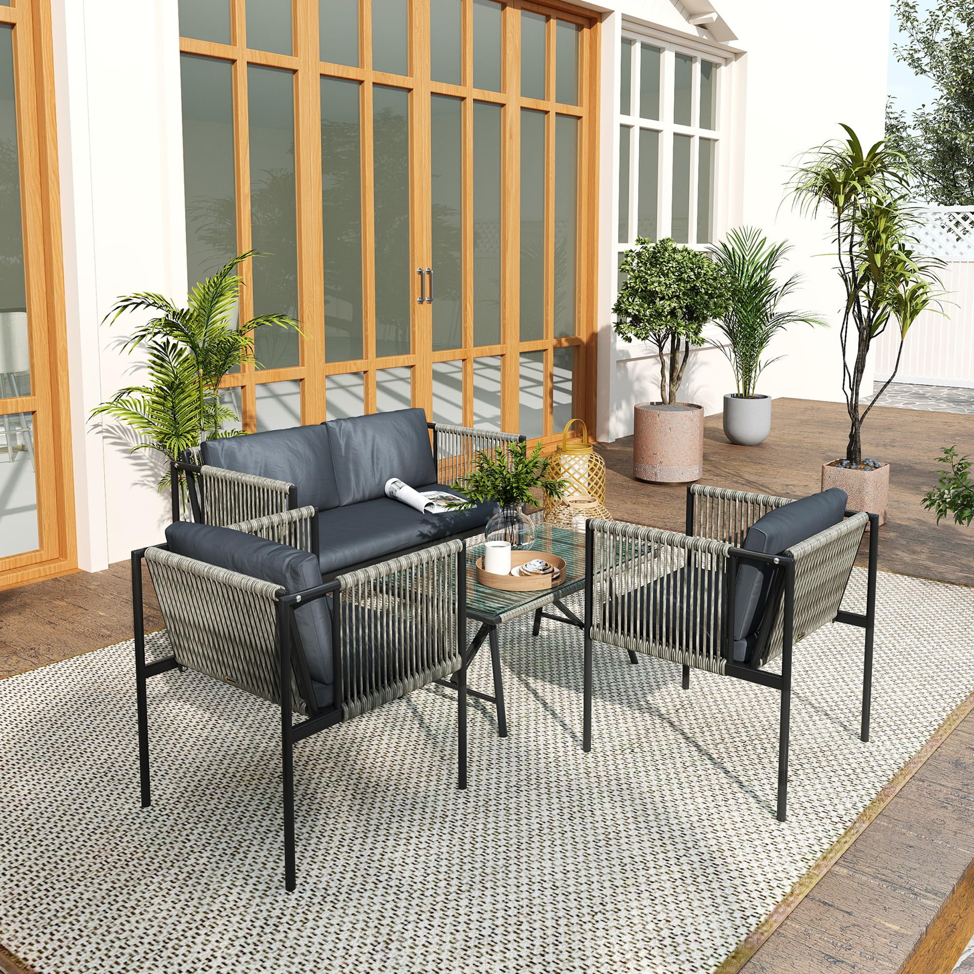 Outsunny Set di Mobili da Giardino in Rattan 4 Pezzi, Salotto da Esterno con Divano a 2 Posti, 2 Poltrone da Esterno, Tavolino da Caffè in Vetro e Cuscini Lavabili, Struttura in Acciaio, Nero/Grigio