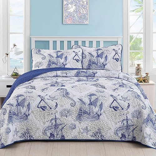 DJY Juego de edredón azul tamaño Queen, juego de edredón costero de playa náutico con 2 fundas de almohada, juego de edredón costero ligero para DJY Juego de edredón azul tamaño Queen, juego de edredón costero de playa náutico con 2 fundas de almohada, juego de edredón costero ligero para