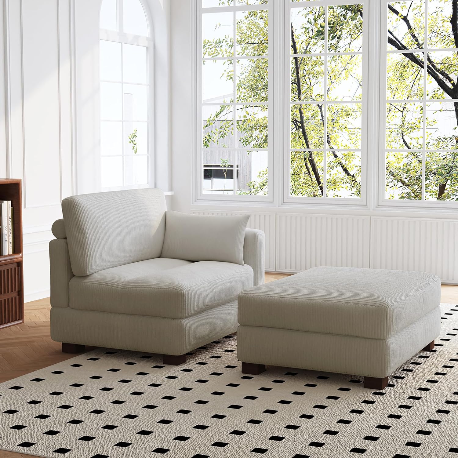 UIXE Oversized Chaise Longue Chair with Ottoman, Left Armrest Indoor Recliner Comfy Upholstered Single Lounge Sofa, Corduroy Deep Seat Cloud Couch for Bedroom, Living Room - Salt Gray