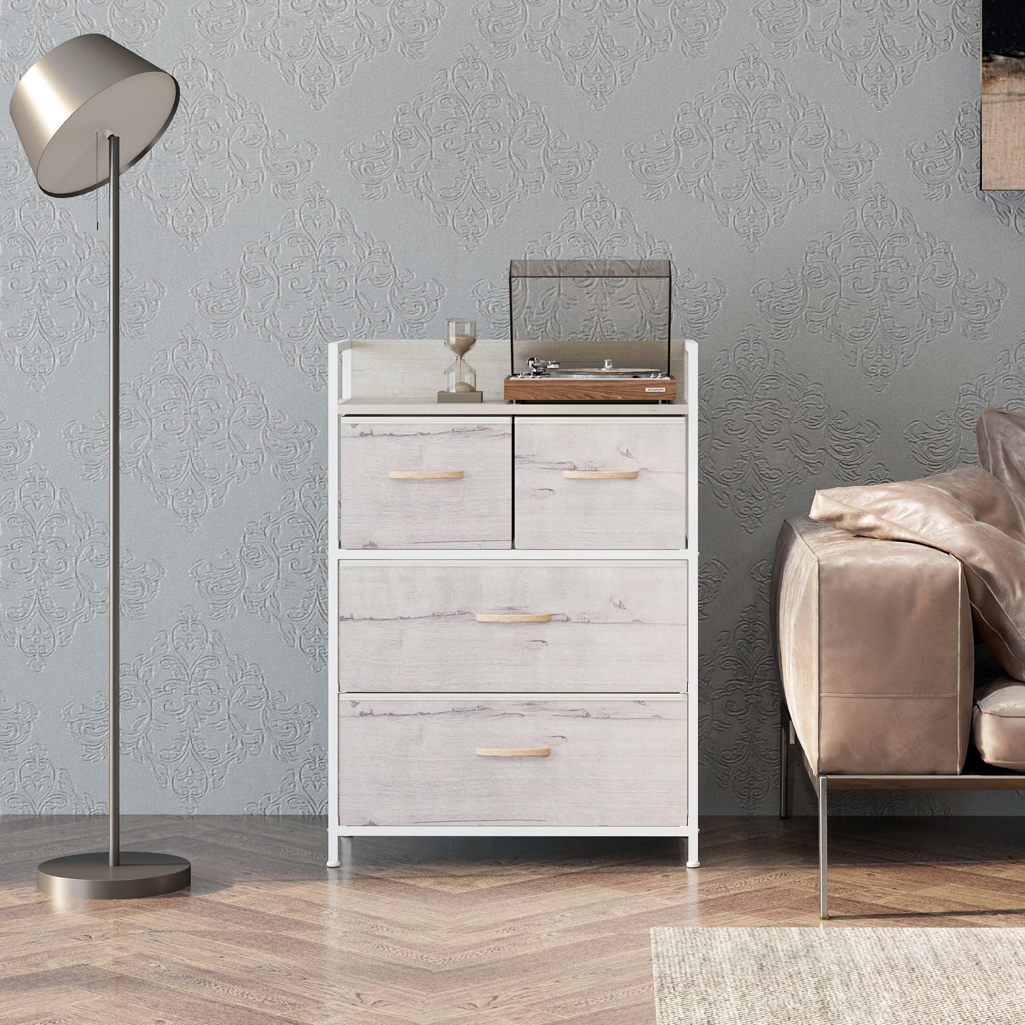 HOMCOM Kommode aus Stoff 4 Schubladen, Naturholz-Optik | Schlafzimmer, Aufbewahrungs-Organizer, offenes Regal, Metallrahmen, Wohnzimmer, Eingangsbereich