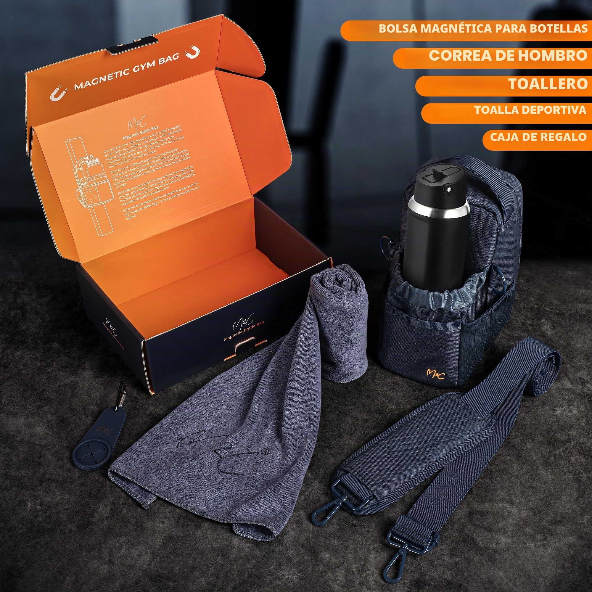 M2C® Magnetic Bottle Bag, pequeña Bolsa de Gimnasio para Hombres y Mujeres con potentes imanes, Botella de Agua y Soporte para teléfono, Clip para Llaves Y Bolsillo Principal Grande