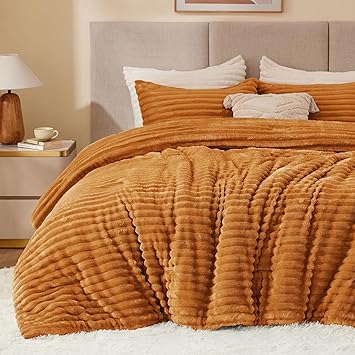 BEDELITE Fleece Queen Comforter Set -Super Soft & Warm Fluffy Rust Orange Bedding, Luxury Fuzzy Heavy Bed Set for Winter with 2 Pillow Cases
