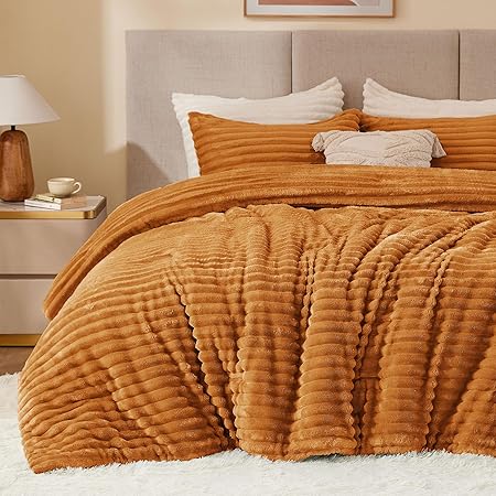 BEDELITE Fleece Queen Comforter Set -Super Soft & Warm Fluffy Rust Orange Bedding, Luxury Fuzzy Heavy Bed Set for Winter with 2 Pillow Cases