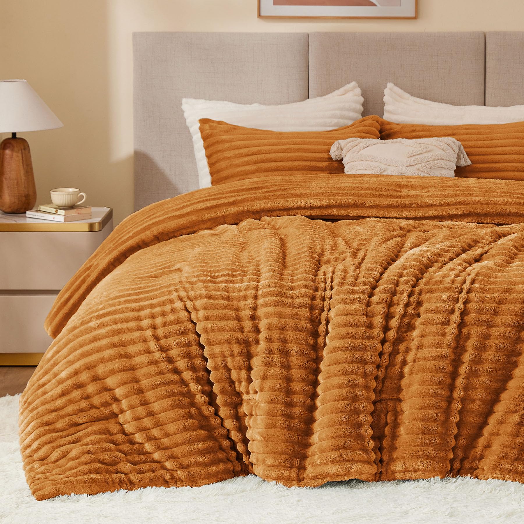 BEDELITE Fleece King Comforter Set -Super Soft &amp; Warm Fluffy Rust Orange Bedding, Luxury Fuzzy Heavy Bed Set for All Season with 2 Pillow Cases