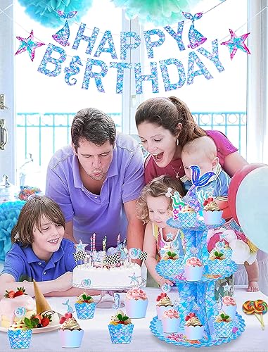 Miniatura 4 de JroyJoy Soporte para cupcakes de sirena, 3 niveles con decoración de tartas y envoltorios de cupcakes y juego de pancartas de feliz cumpleaños,