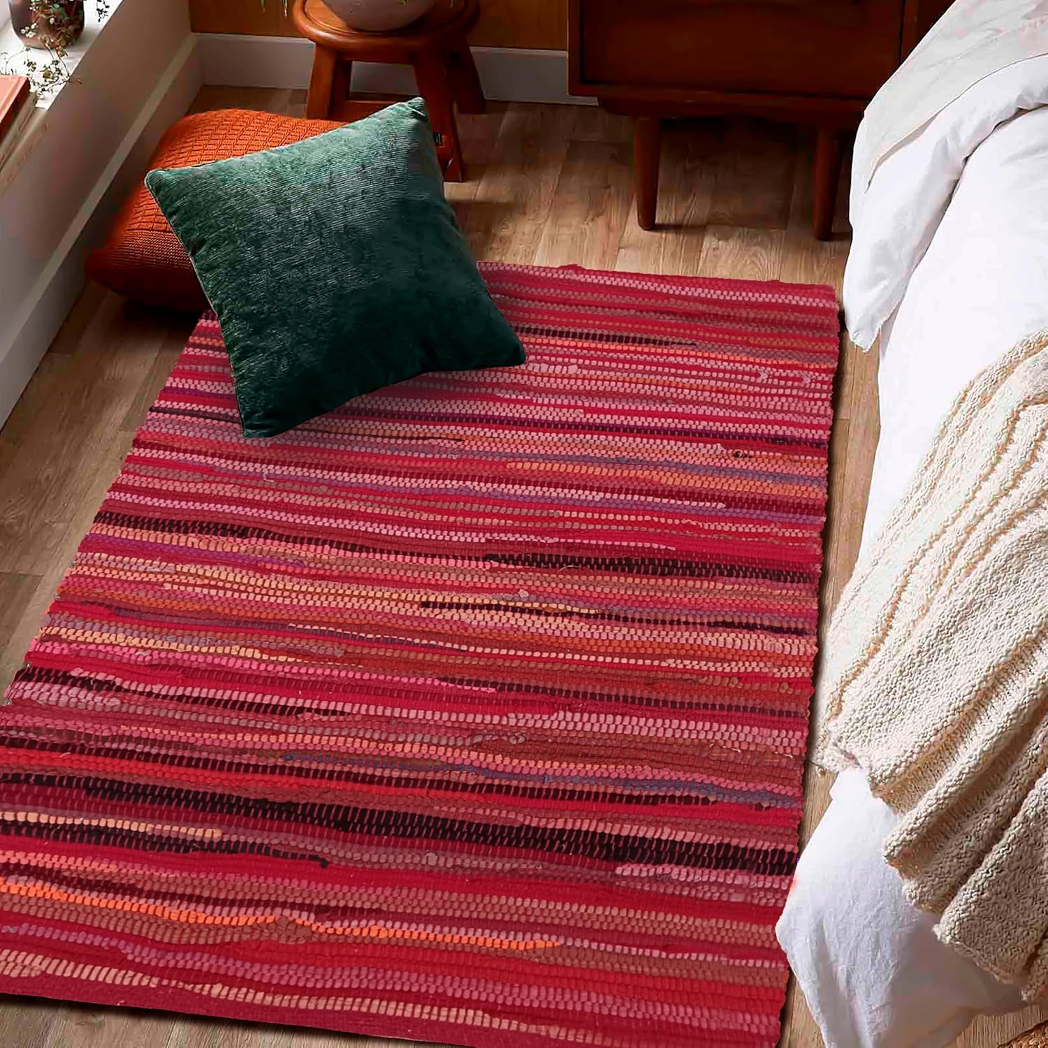 Cotton Hand Woven Chindi Rug 3x5 Feet - Red, Reversible Throw Indoor Decorative Carpet Ideal for Entryway, Kitchen, Bedroom | Pink Farmhouse Accent Soft Durable Outdoor Floor Rag Rugs for Nursery