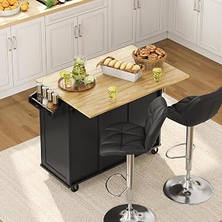 Yaheetech Kitchen Island Cart with Drop-Leaf Countertop, Rolling Kitchen Island Breakfast Bar Table on Wheels with Storage Cabinet & 3 Drawers & Spice Rack for Dinning Room, 49" Width, Black