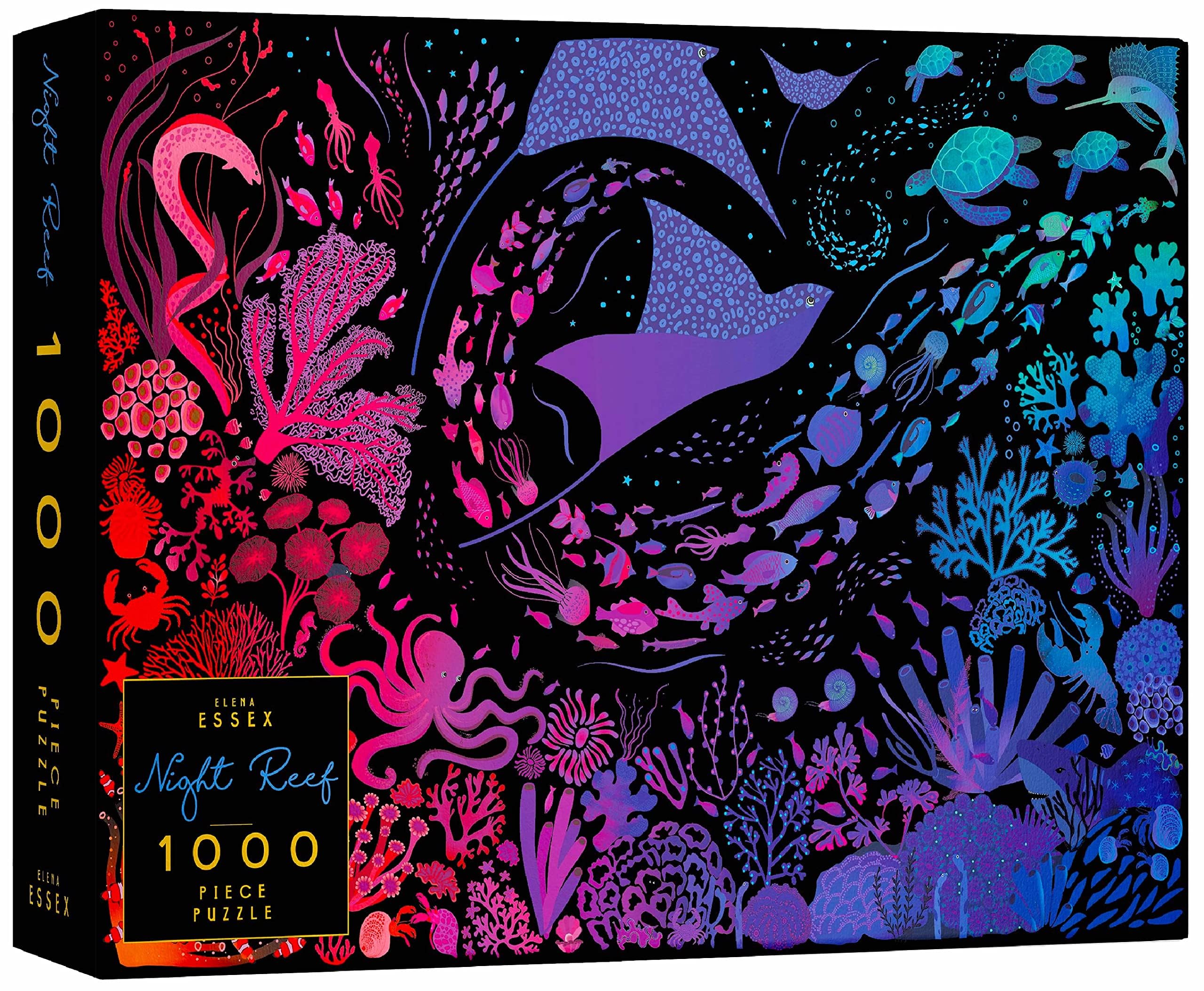 Elena Essex Puzzles for Adults 1000 Pieces - Night Reef | 1000 Piece Puzzle for Adults | Jigsaw Puzzles 1000 Pieces | Coral Reef Ocean Shark | Size 28x20 inches