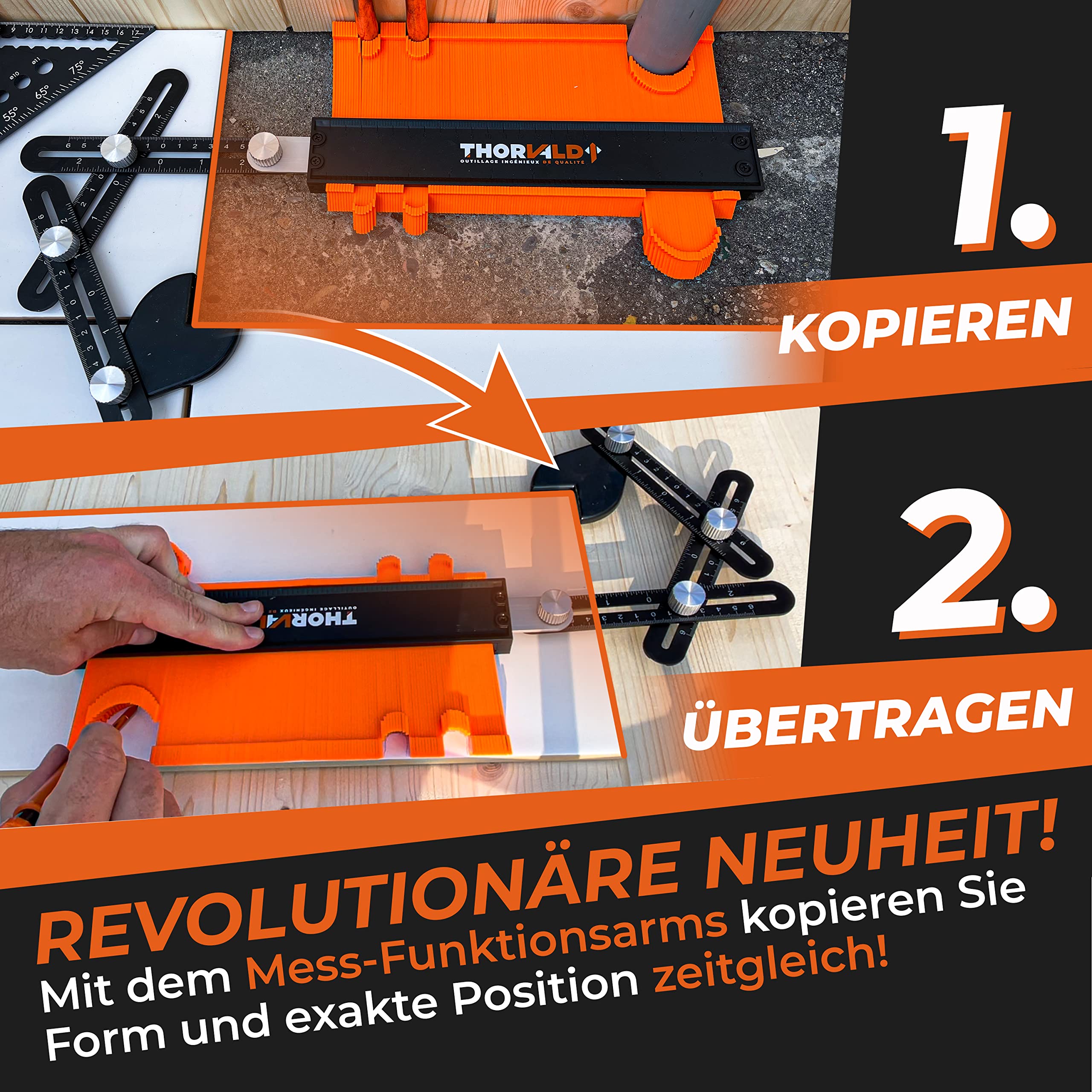 THORVALD Werkzeug Konturenlehre mit Feststeller & Winkelschablone - 25cm Konturlehre Konturen Schablone für Fliesen, Parkett, Laminat - Inkl. Tieflochmarker + Anleitung - Konturenabnehmer mit Schloss