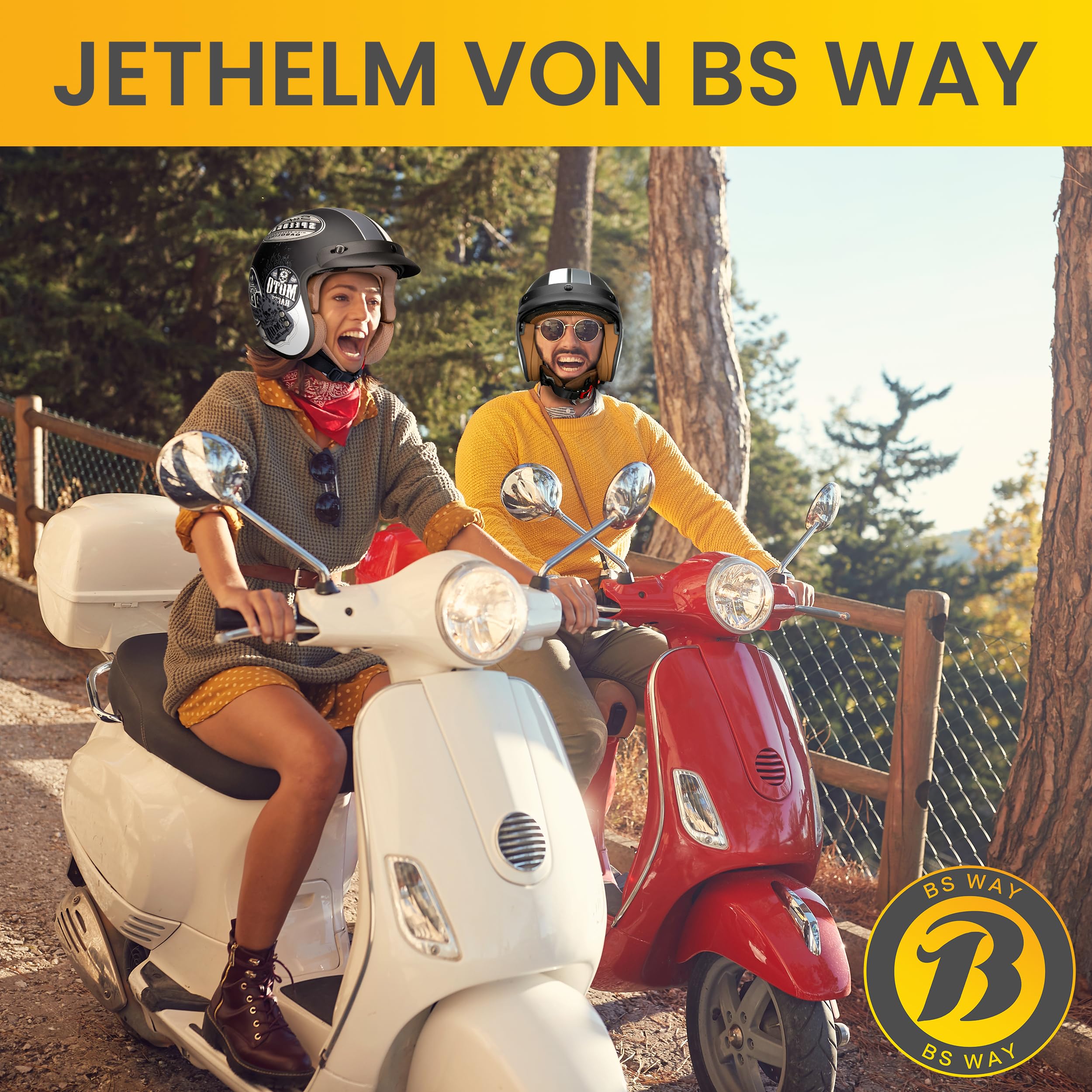 Jethelm mit Visier by BS Way: Hochwertiger Motorradhelm, ECE-Zertifiziert für Herren und Damen - Ideal für Roller, Moped, Mofa und Scooter - Retro Helm Design, Halbschalenhelm Vintage
