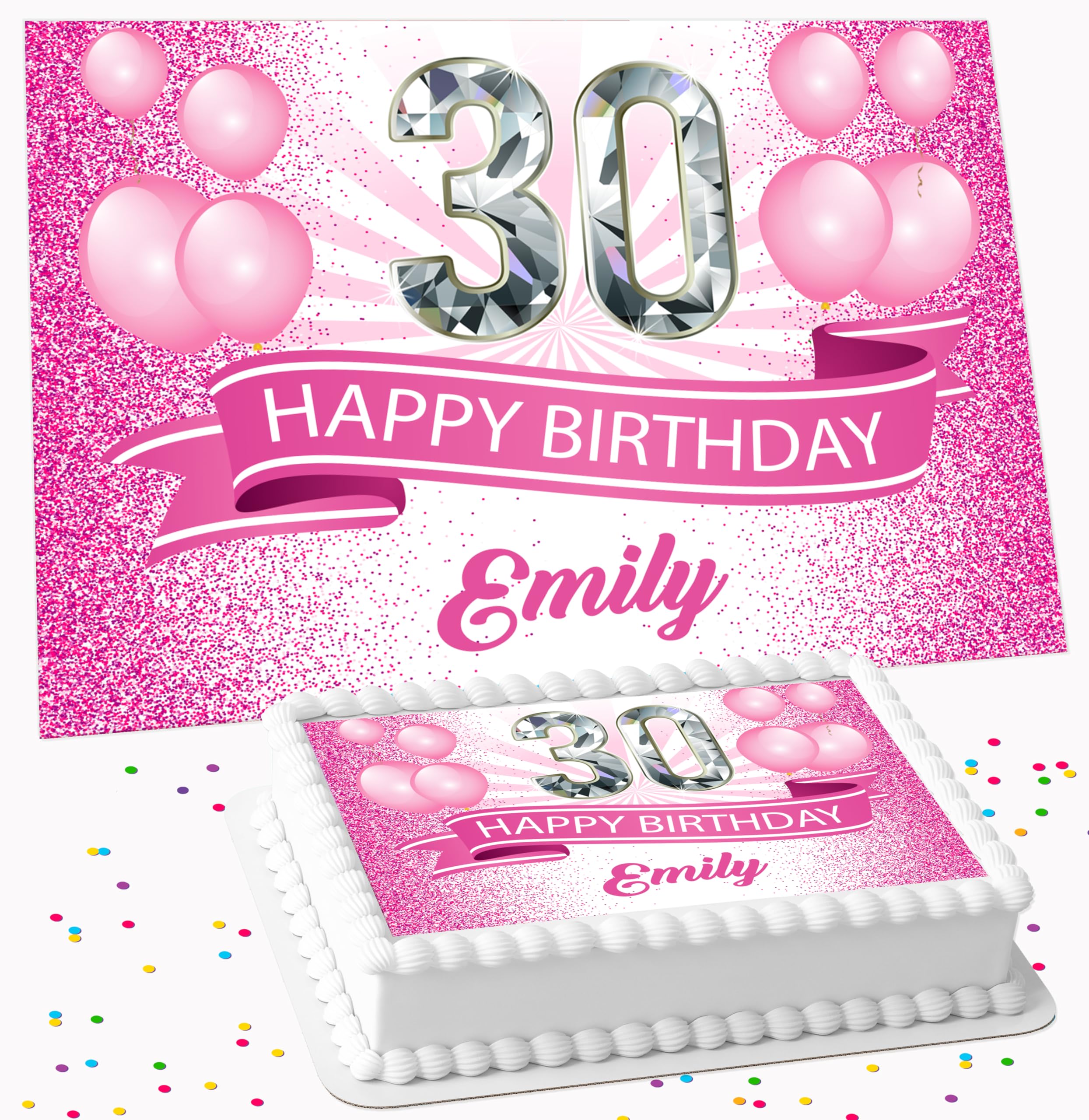 PINK GLITTER HAPPY BIRTHDAY PERSONALISED ICING EDIBLE LARGE CAKE TOPPER DECORATION SUITABLE FOR USE ON COSTCO CAKE R2-1735