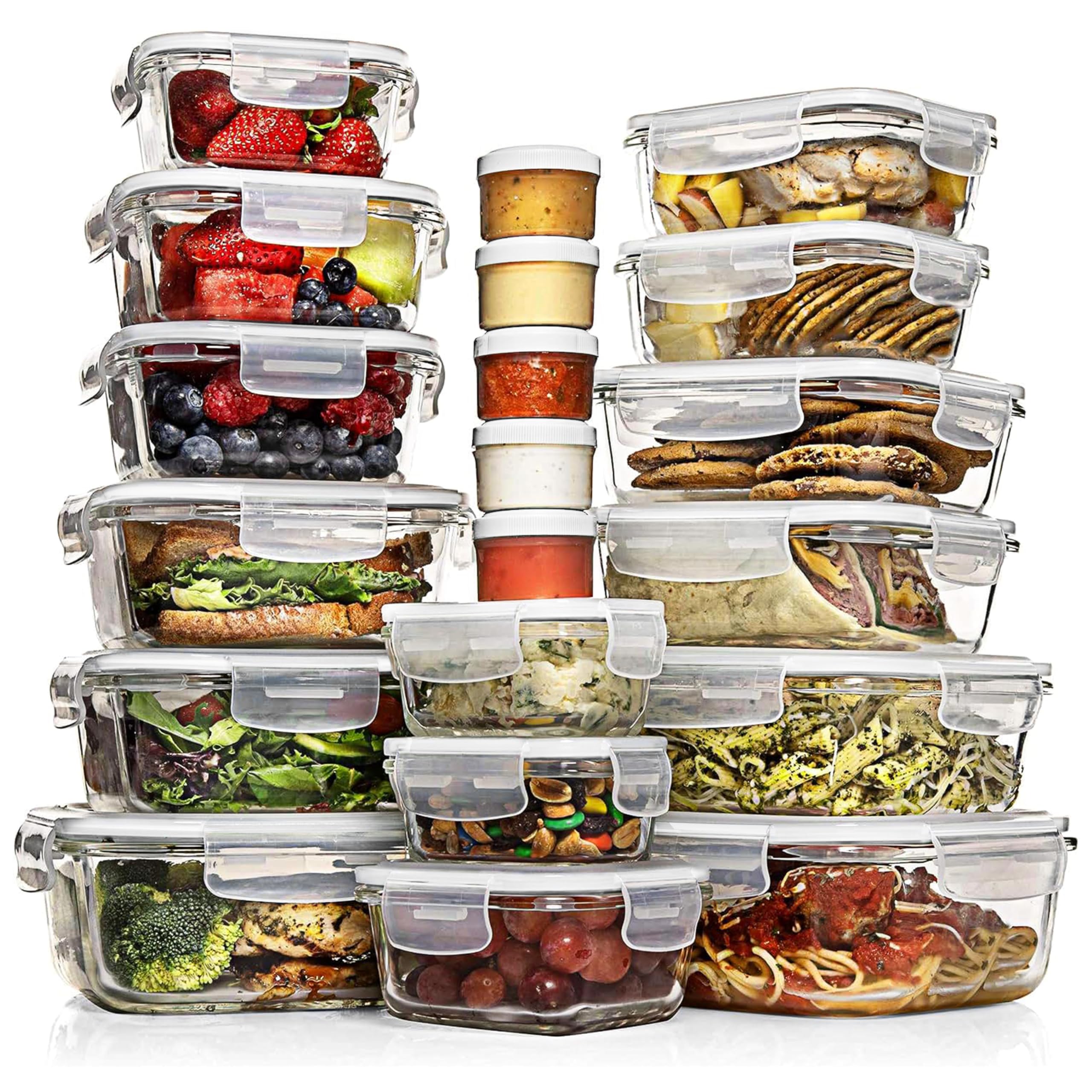 Razab 35 Pc Set Glass Food Storage Containers with Lids - Meal Prep Airtight Bento Boxes BPA-Free 100% Leak Proof (15 lids,15 glass & 5 Plastic Sauce/Dip Containers)